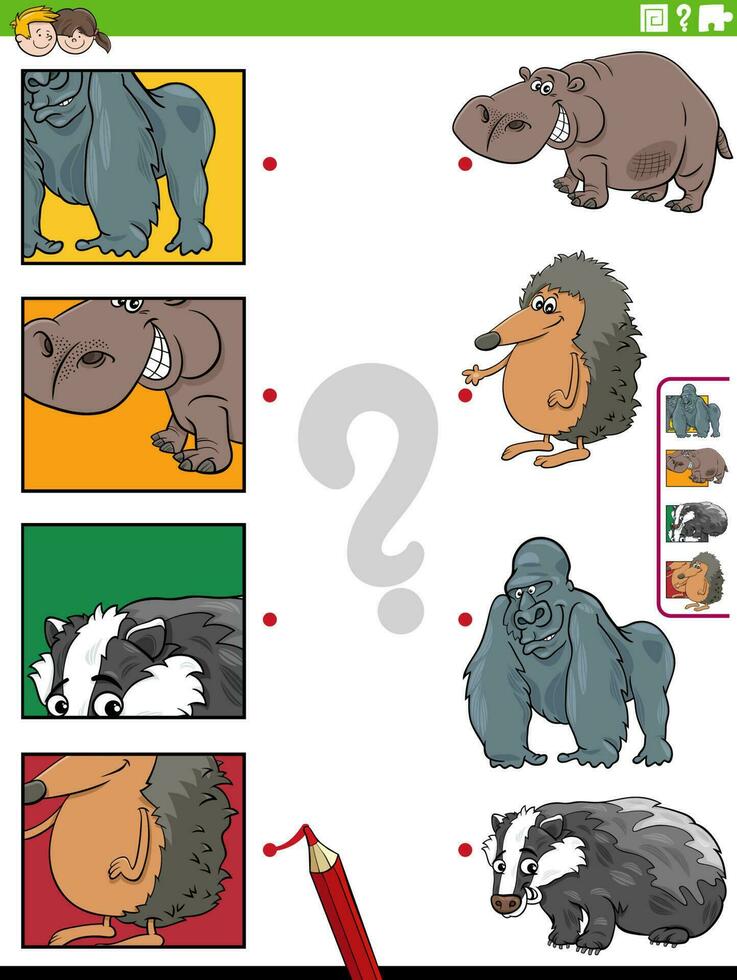 match cartoon wild animals and clippings educational game vector