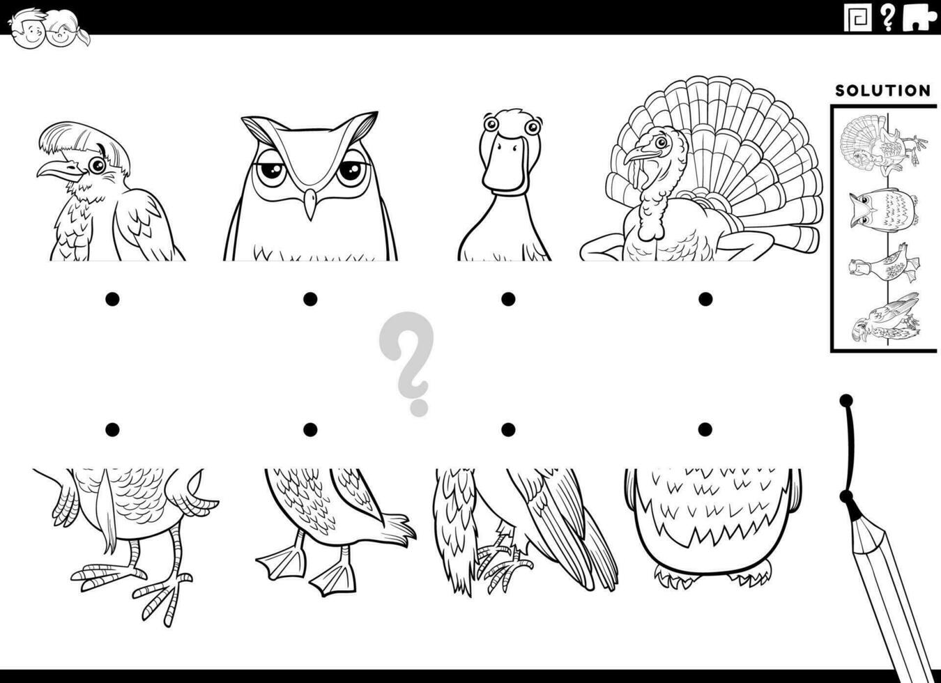 match halves of cartoon birds game coloring page vector