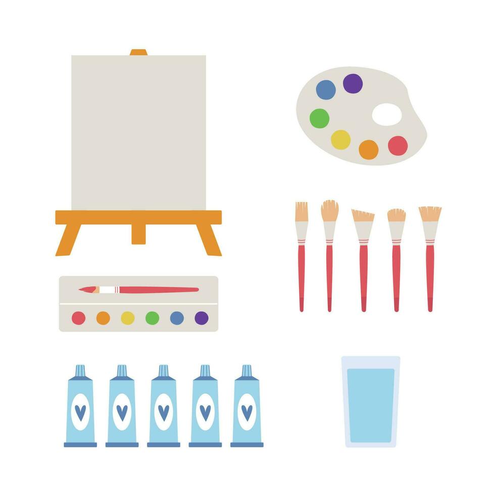 Flat vector painting tools in childish style. Hand drawn art supplies, paint brush, palm, gouache, acrylic, easel, palette