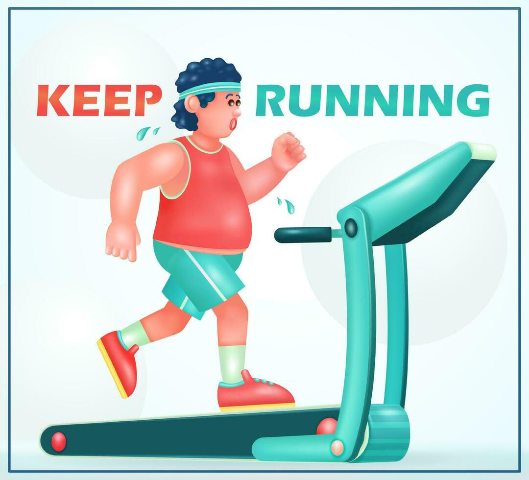 Overweight young man running on a treadmill, boy trying to lose belly fat. 3d vector illustration