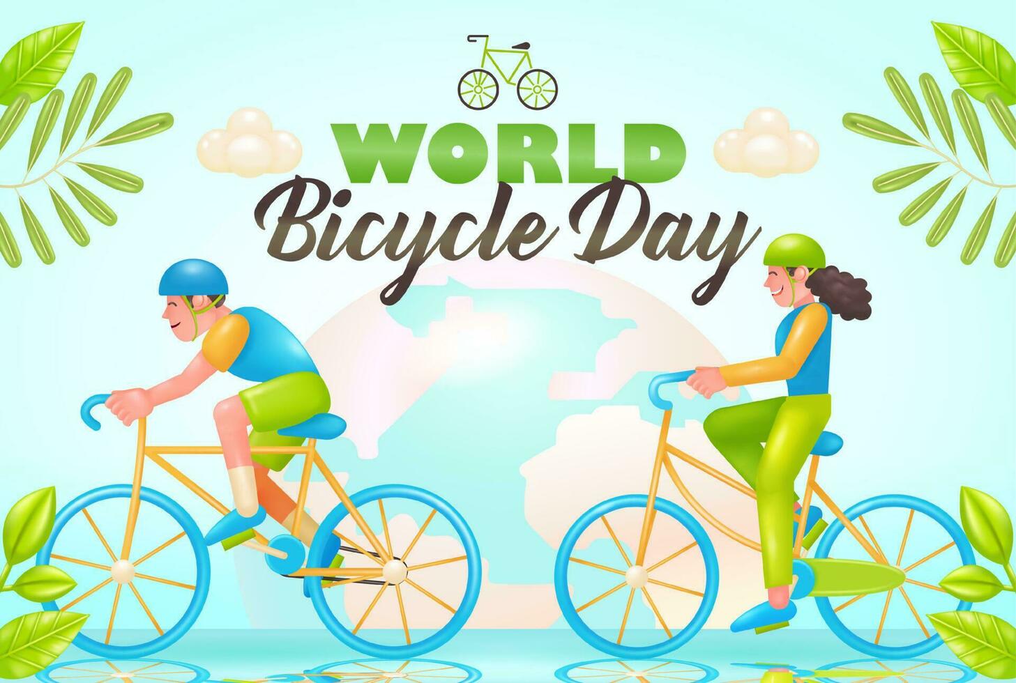 Young couple riding bicycles for world bike day and car free day, fresh theme in 3d vector illustration concept