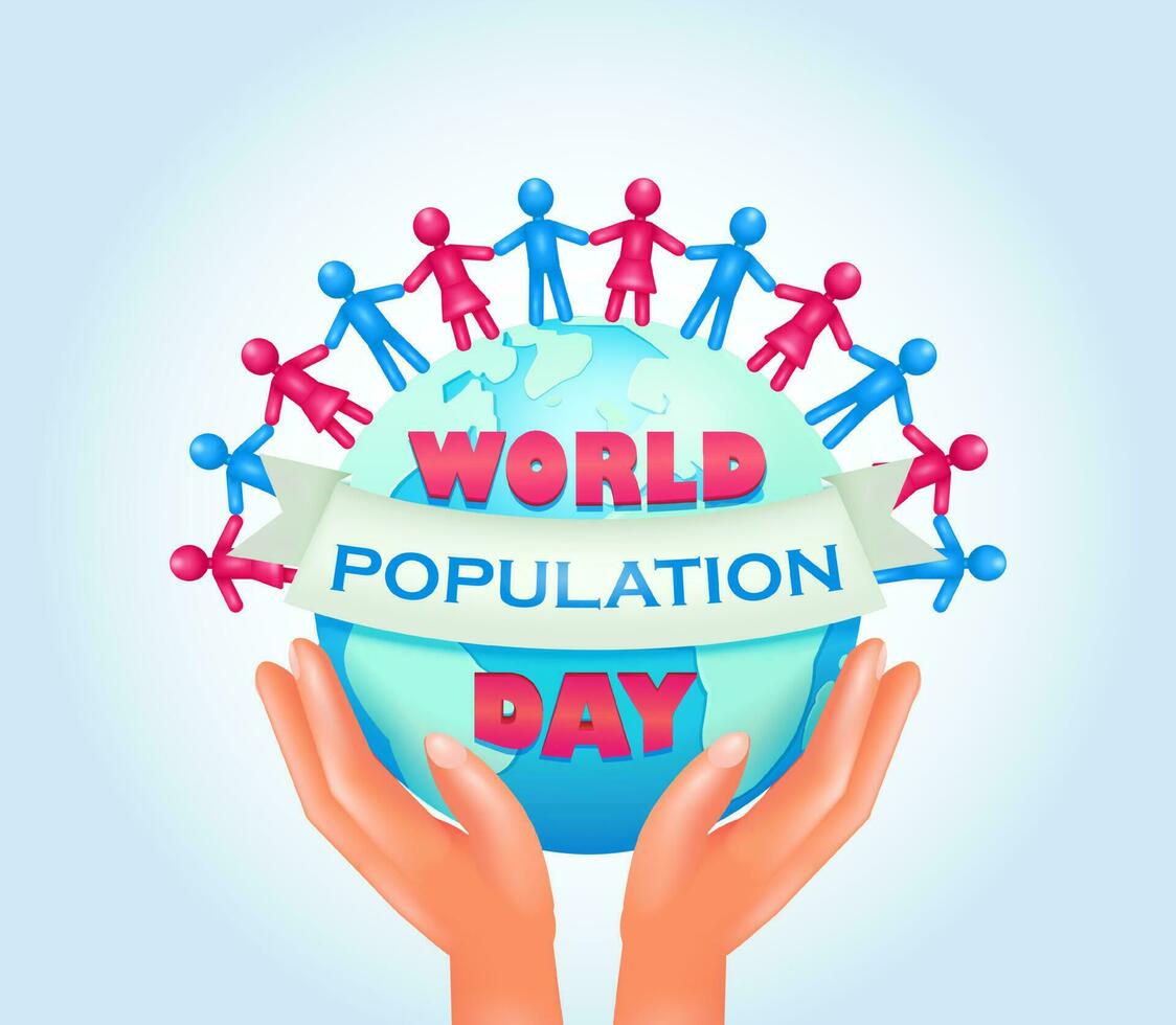 World Population Day. Vector 3d style banner or poster, pair of hands holding earth and stickman character on it