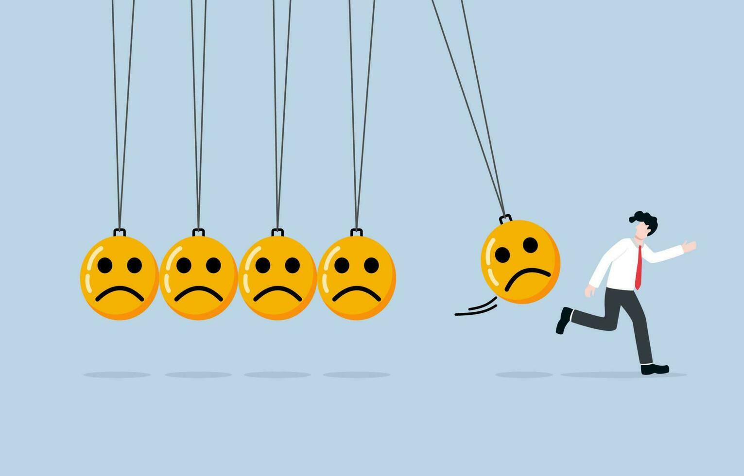 Escaping toxic environment, emotional control to be far away from negative mood, exit strategy from sadness concept, Businessman running away from pendulum effect of unhappy face. vector