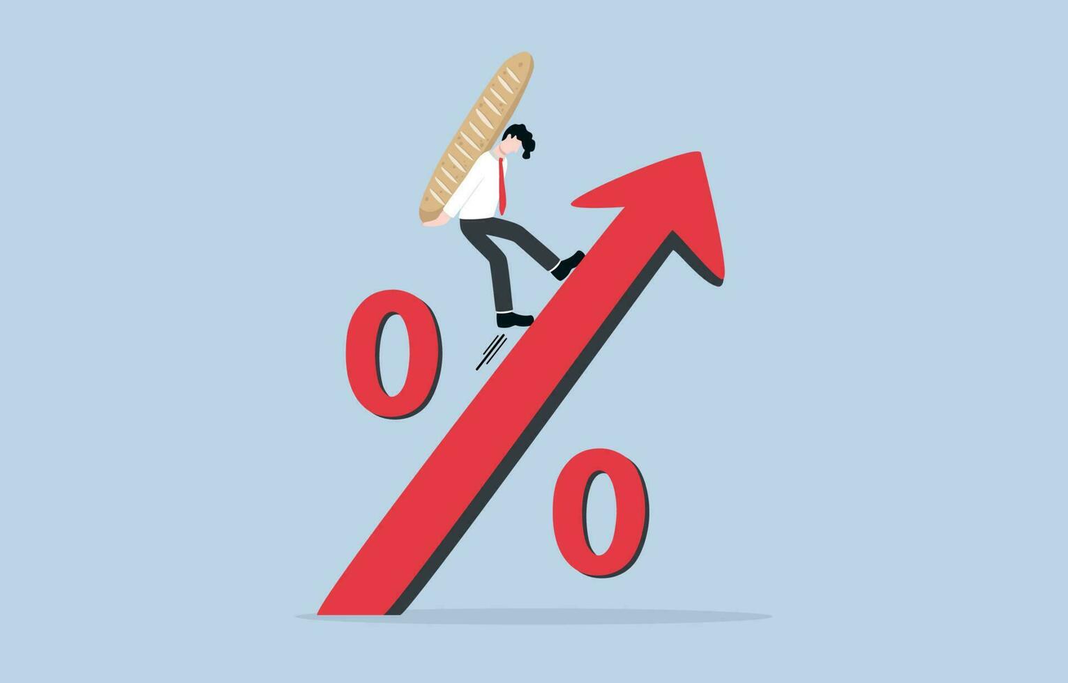 Inflation causing food price rising up, fighting high cost of living, reducing purchasing power concept, Fatigue businessman carrying bread on back while walking up percentage sign with upward arrow. vector