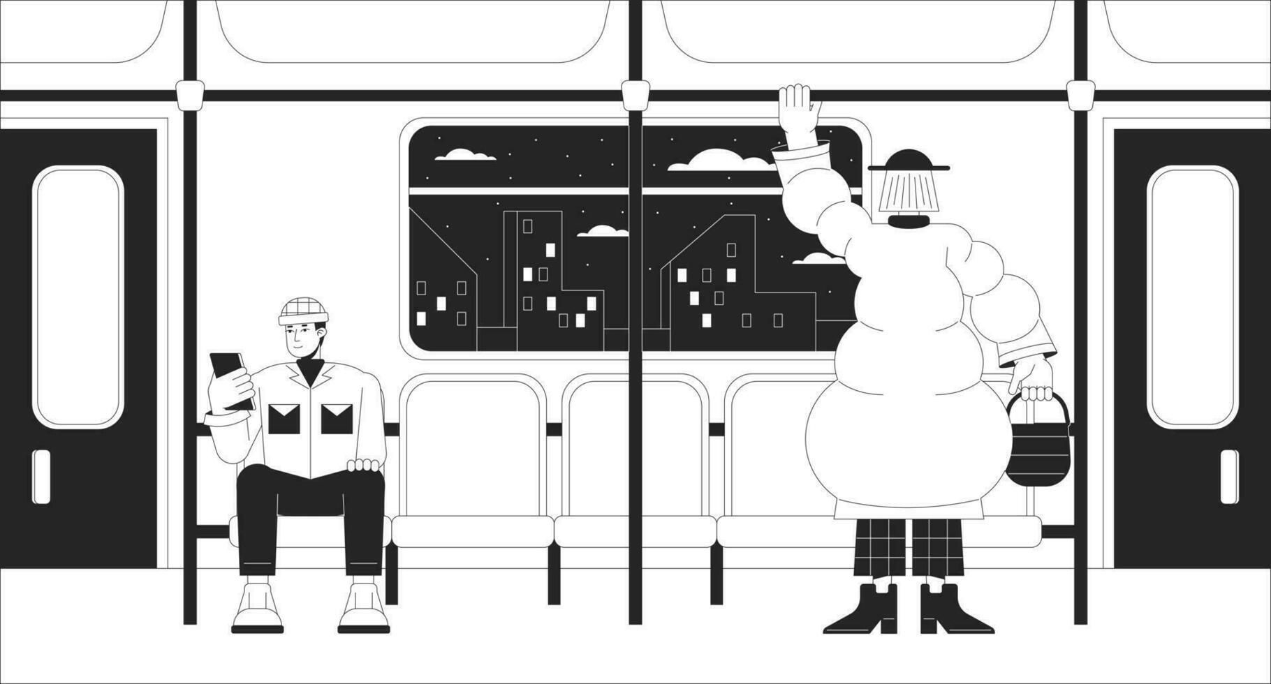 Commuter train black and white lo fi chill wallpaper. Public transport. Rail travel. Train people 2D vector cartoon characters illustration, minimalism background. 80s retro album art, line art