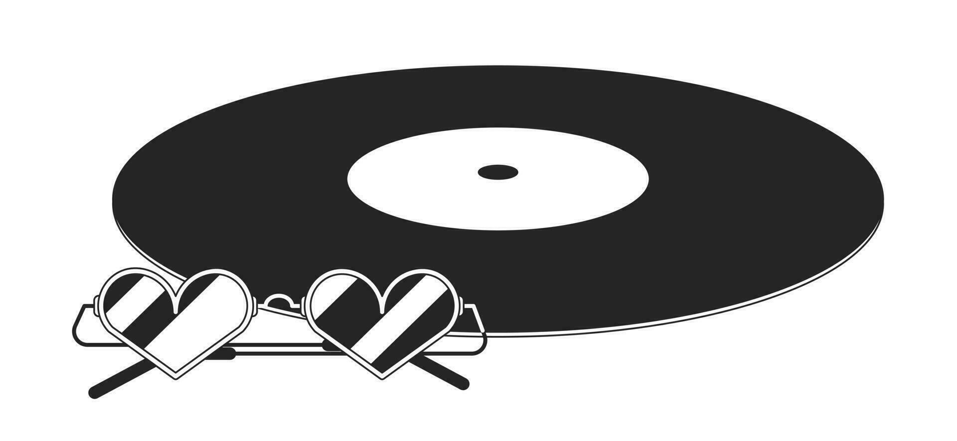 Compact disc with heart shaped glasses line art vector cartoon icon. Vinyl music. Editorial, magazine spot illustration black and white. Outline object isolated on white. Editable 2D simple drawing