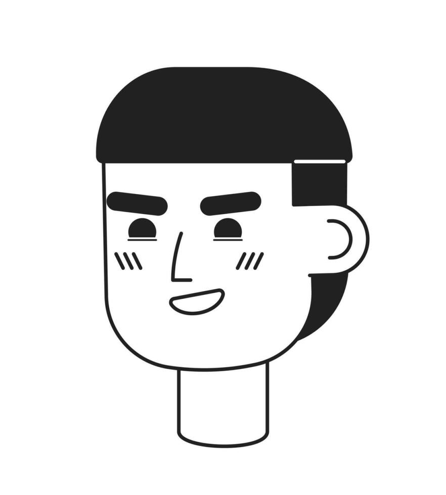 Smirking hispanic guy with bowl haircut monochrome flat linear character head. Mushroom cut hair. Editable outline hand drawn human face icon. 2D cartoon spot vector avatar illustration for animation