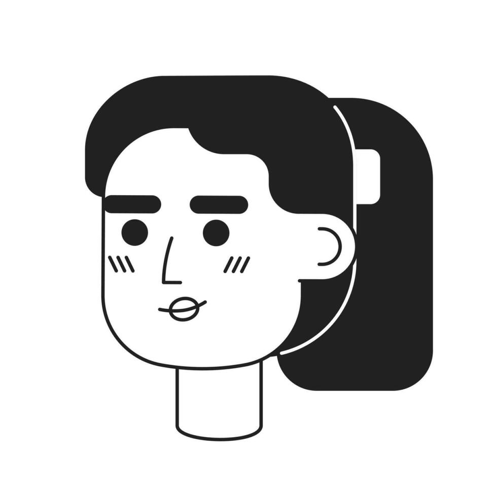 Young adult brunette woman with ponytail monochrome flat linear character head. Pretty girl. Editable outline hand drawn human face icon. 2D cartoon spot vector avatar illustration for animation