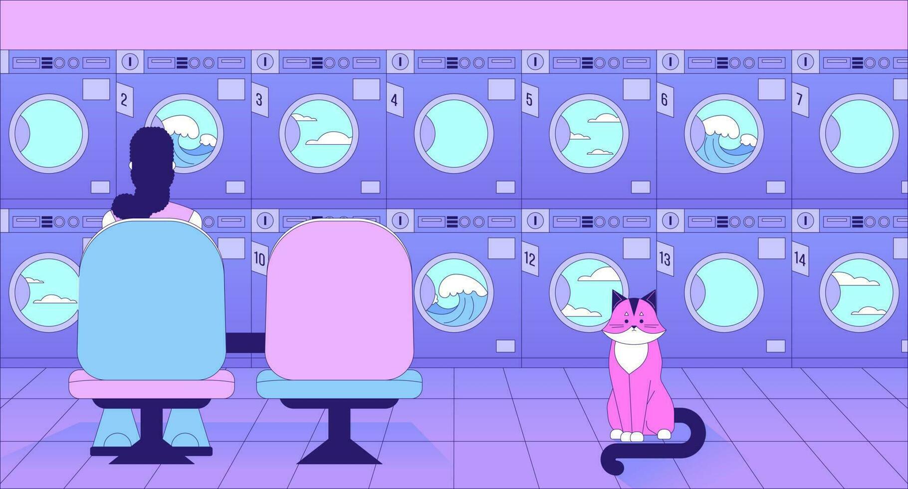 Waiting for laundry lo fi chill wallpaper. Housework laundromat. Woman in launderette with cat 2D vector cartoon character illustration, vaporwave background. 80s retro album art, synthwave aesthetics
