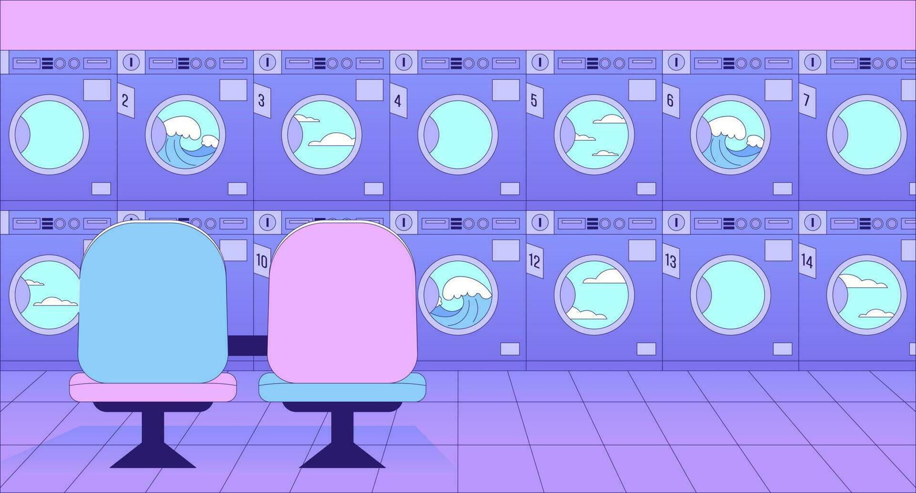 Public laundry room lo fi chill wallpaper. Laundromat business. Washing machines with chairs 2D vector cartoon interior illustration, vaporwave background. 80s retro album art, synthwave aesthetics