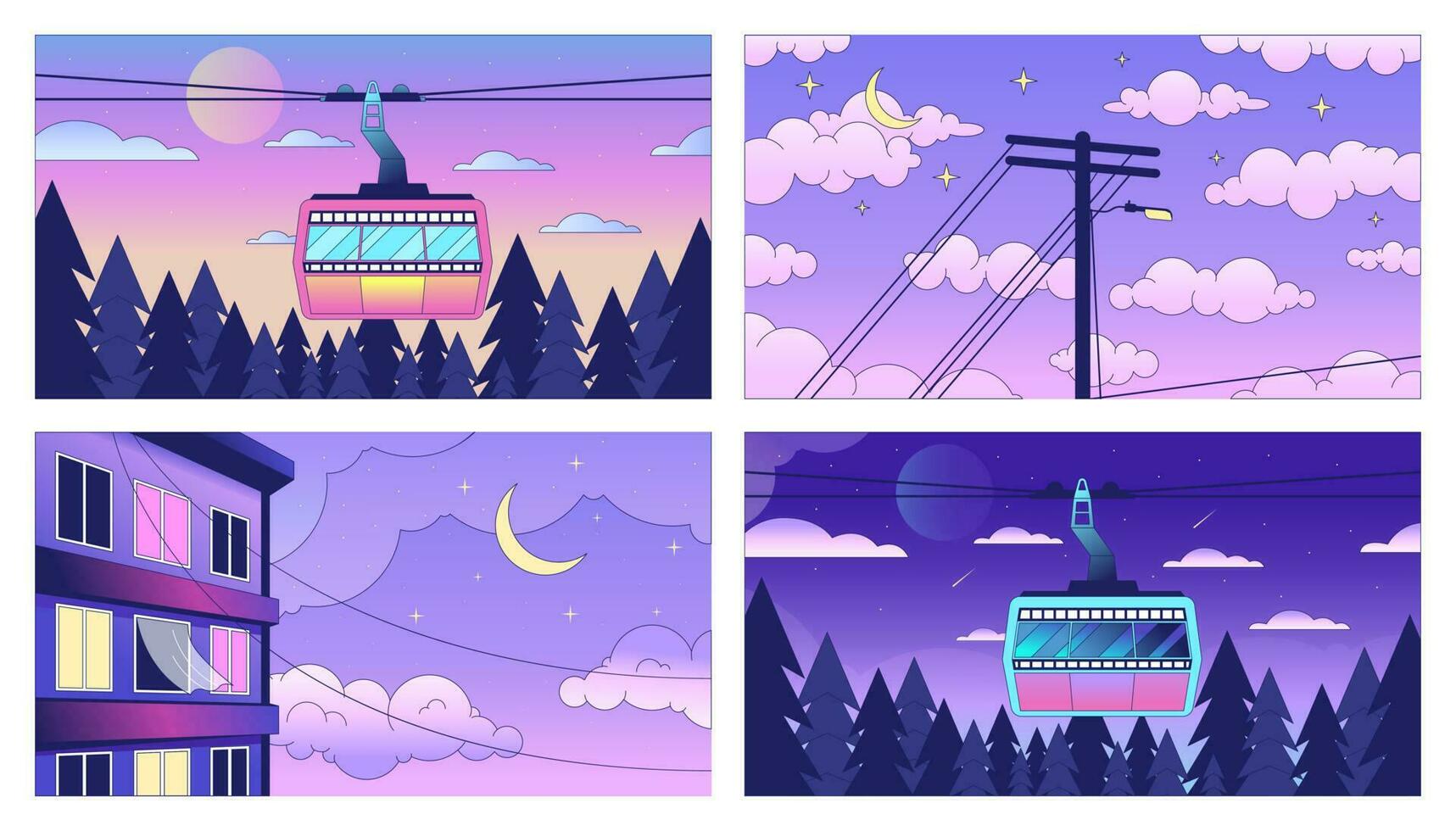 Night sky clouds with moon lo fi chill wallpaper set. Dusk cityscape 2D vector cartoon landscape, cityscape illustrations pack, vaporwave background. 80s retro album art, synthwave aesthetics