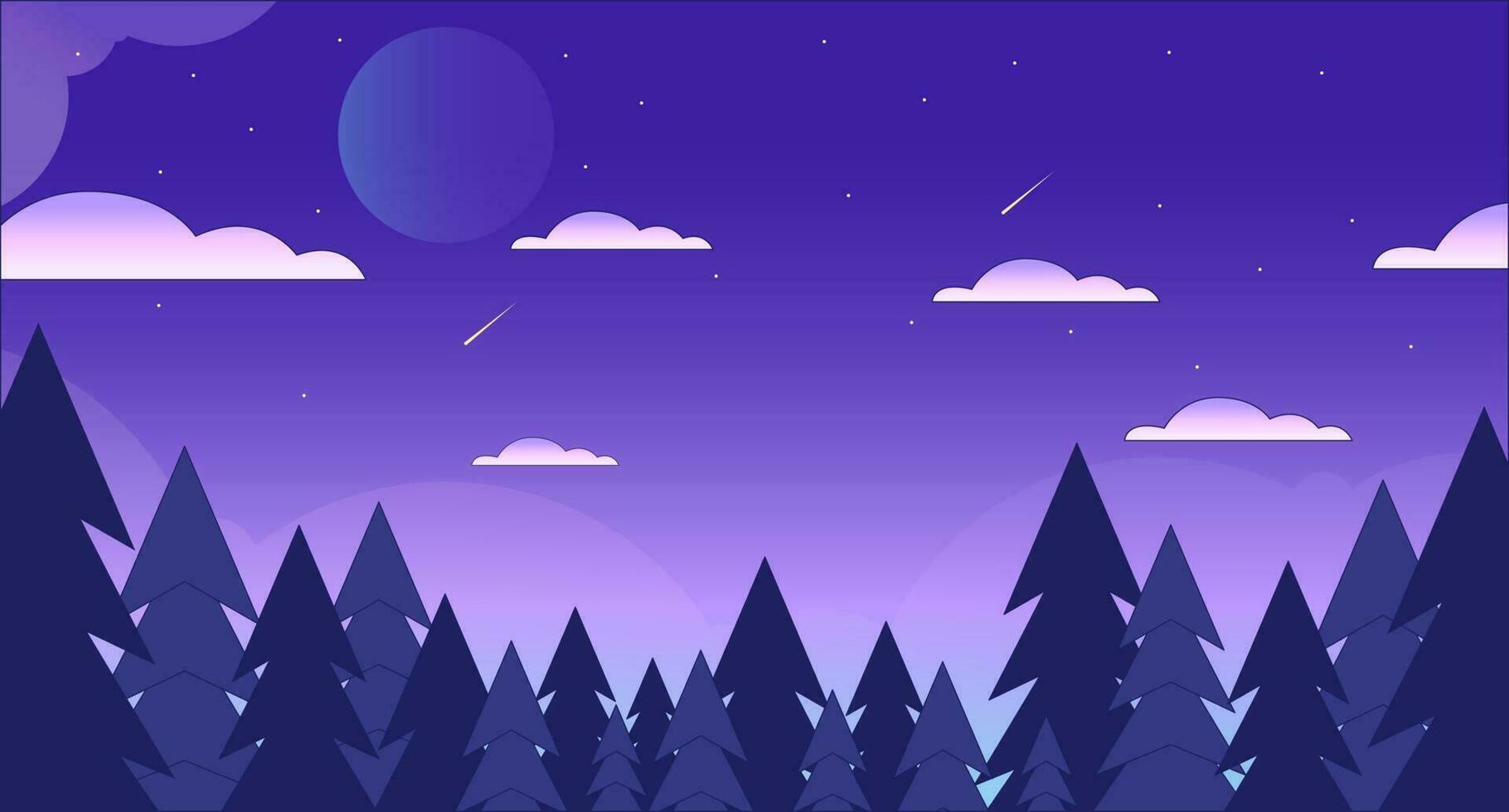 estrella noche con bosque lo fi frío fondo de pantalla. disparo estrellas cielo encima bosque horizonte 2d vector dibujos animados paisaje ilustración, onda de vapor antecedentes. Años 80 retro álbum arte, sintetizador estética