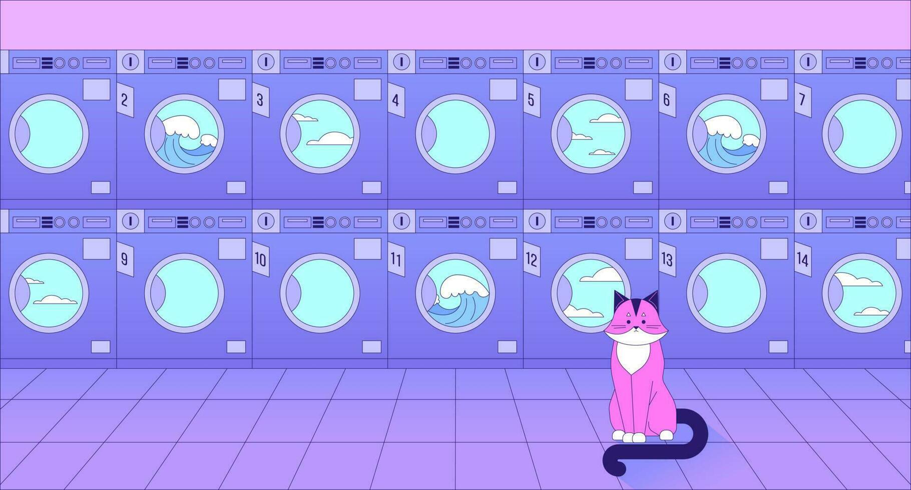 Commercial washers with cat lo fi chill wallpaper. Laundromat. Cute animal at laundry room 2D vector cartoon interior illustration, vaporwave background. 80s retro album art, synthwave aesthetics