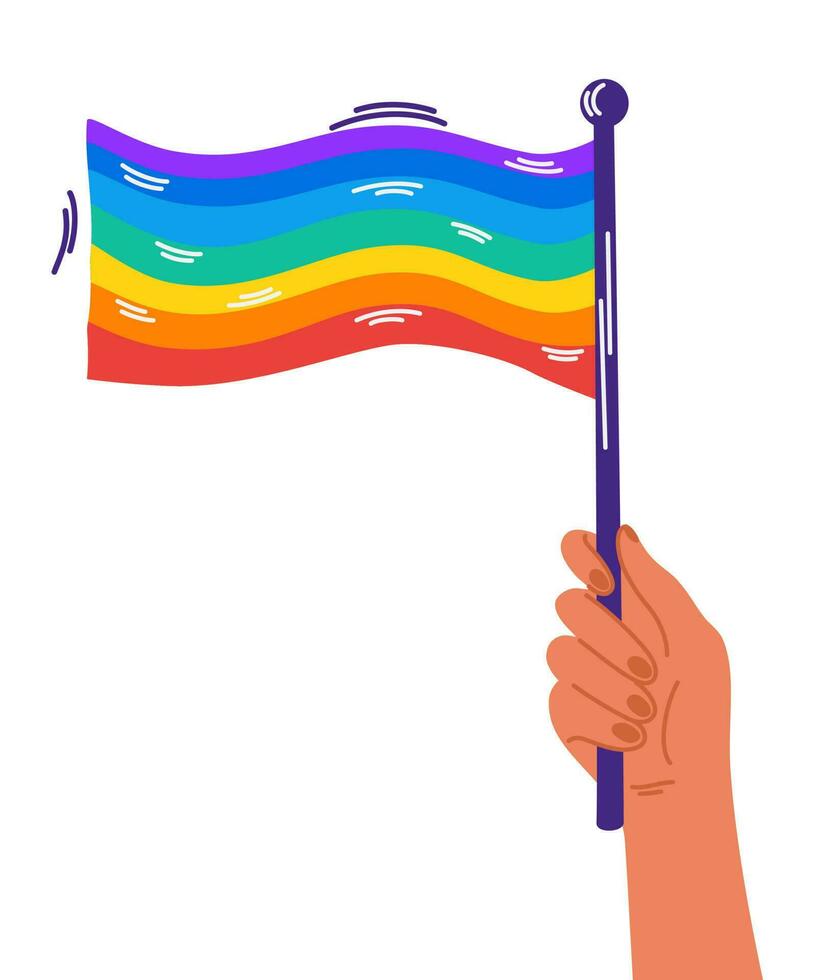 Human hand rainbow flag. Pride month or day celebration or parade. Vector LGBTQ banner template on white background.