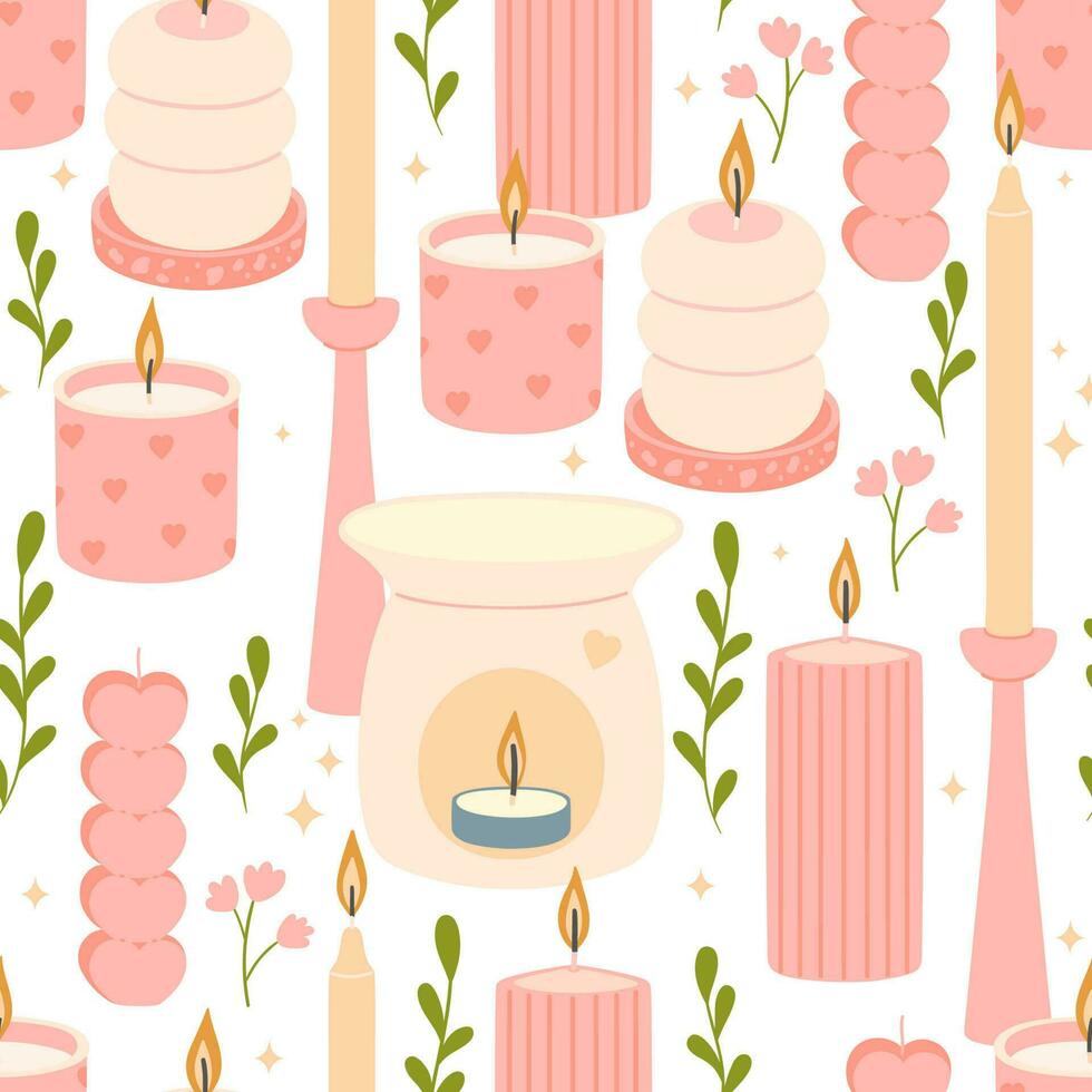 Seamless pattern with candles of various shapes in pastel colors. Vector graphics.