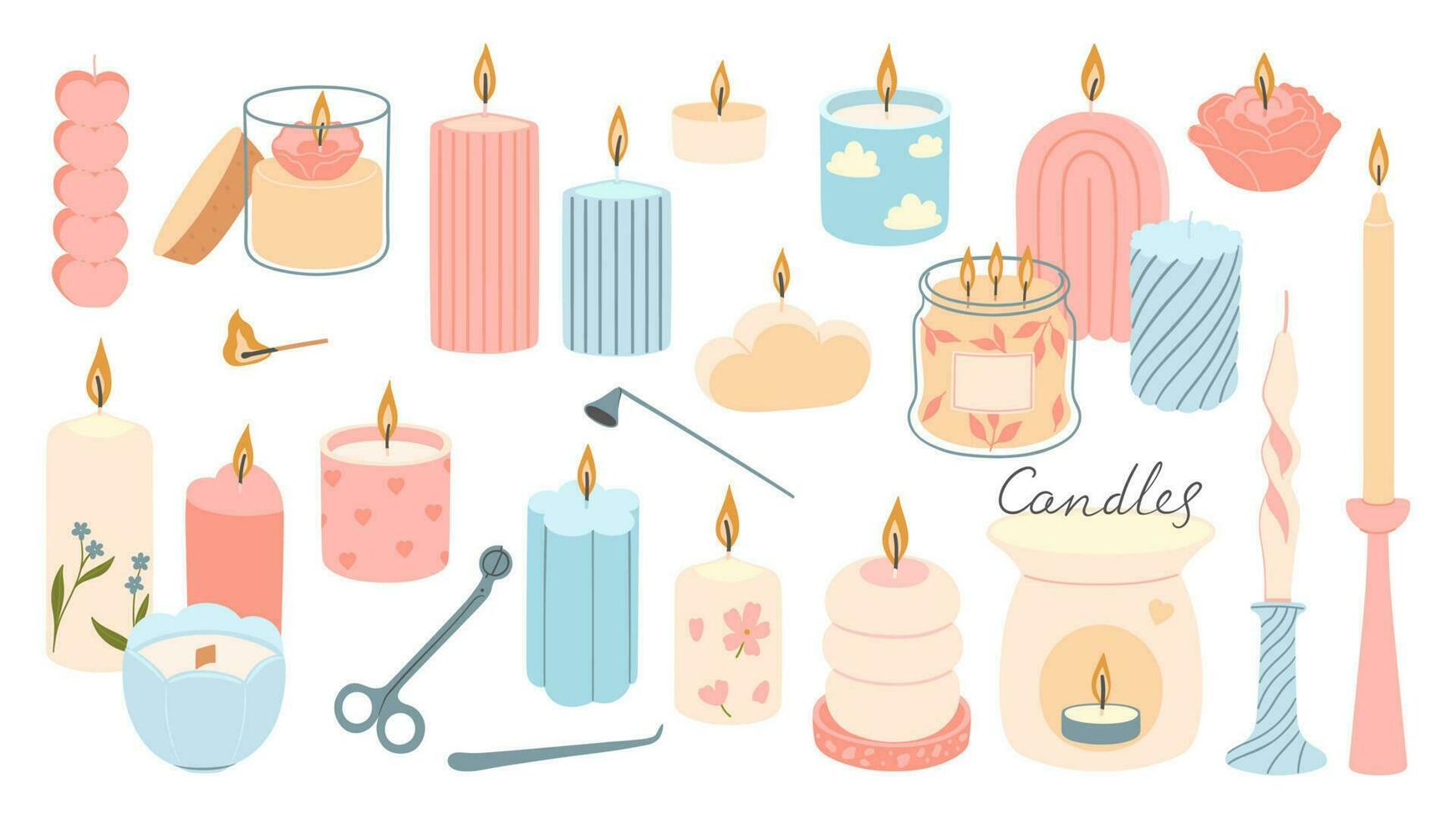 Set of candles of different shapes in pastel colors isolated on a white background. Vector graphics.