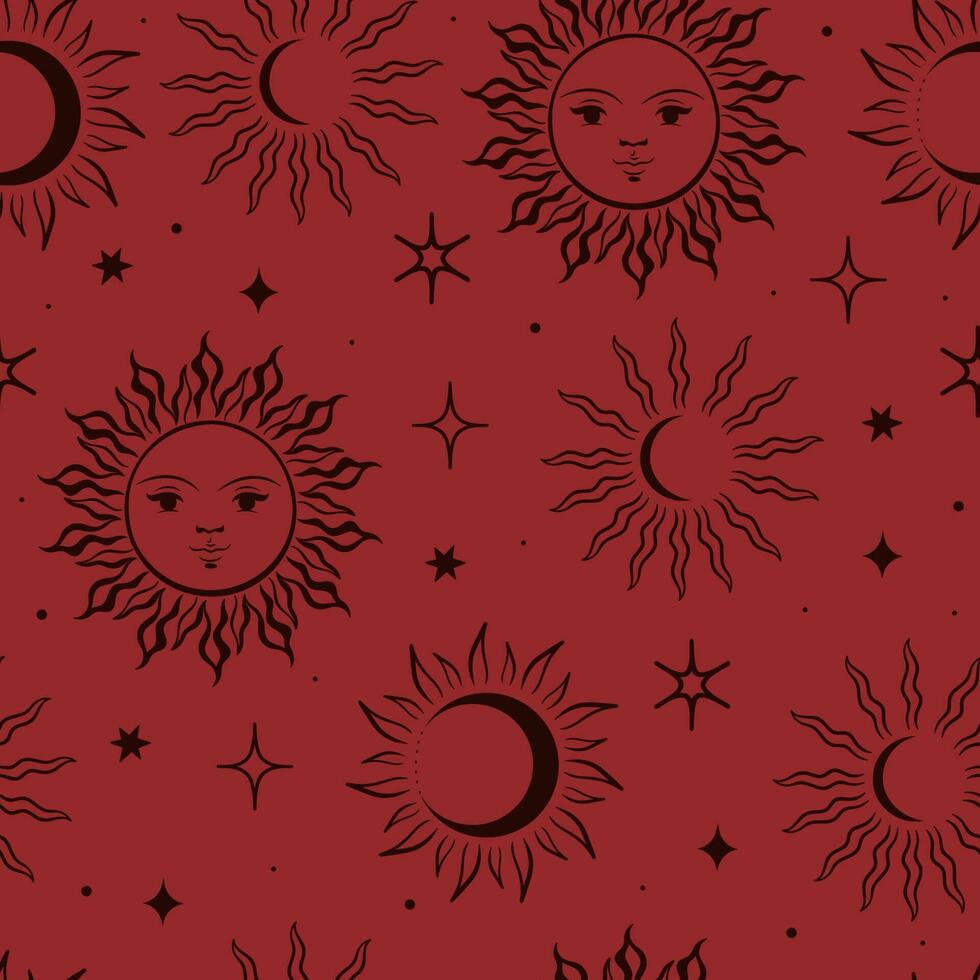 Seamless pattern with suns, moons and stars on a red background. Vector graphics.