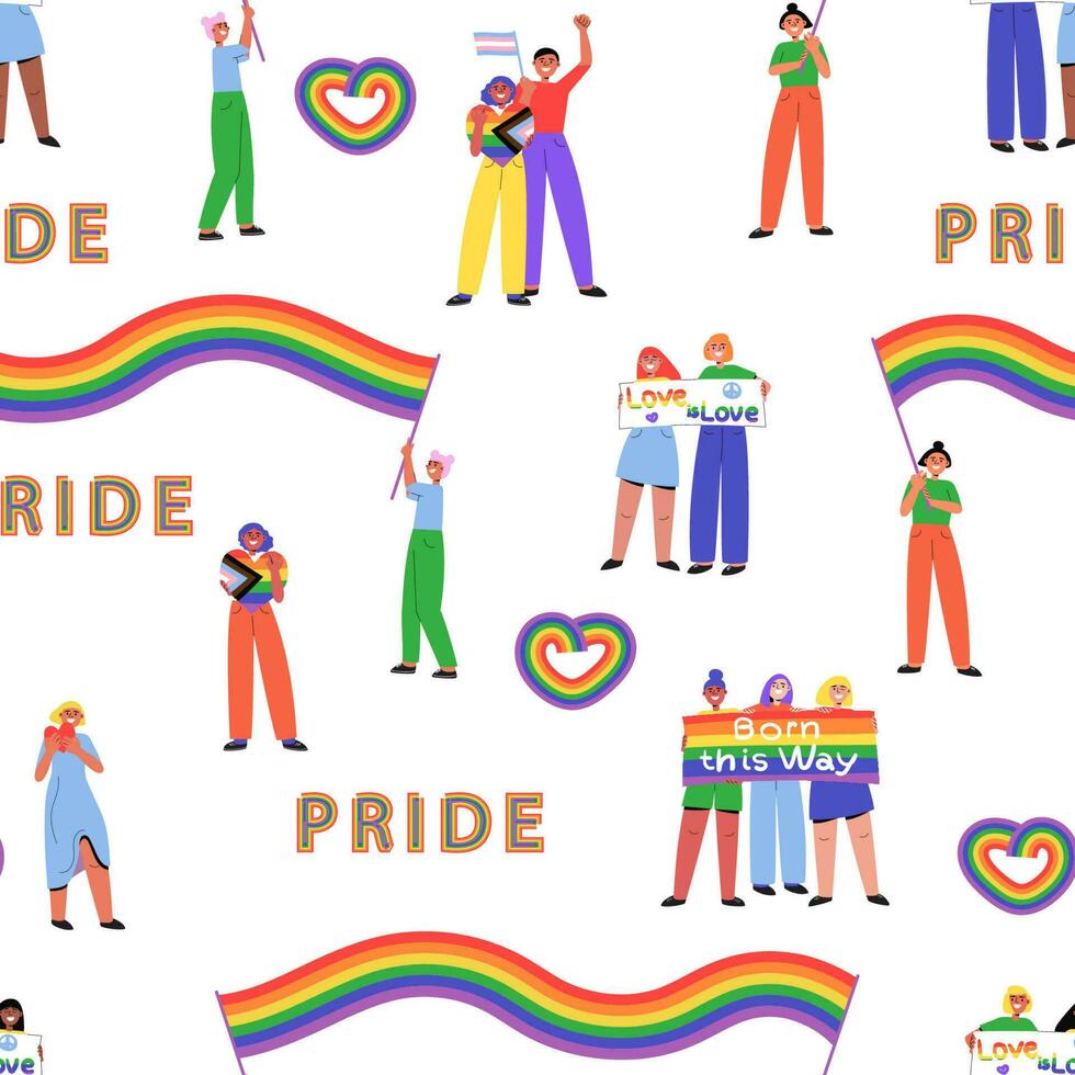 LGBT Pride parade people marching seamless pattern vector illustration