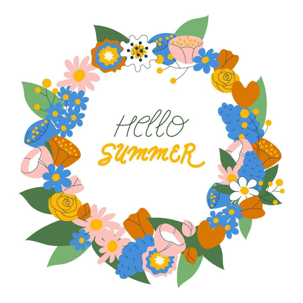 Floral wreath with hello summer phrase vector illustration