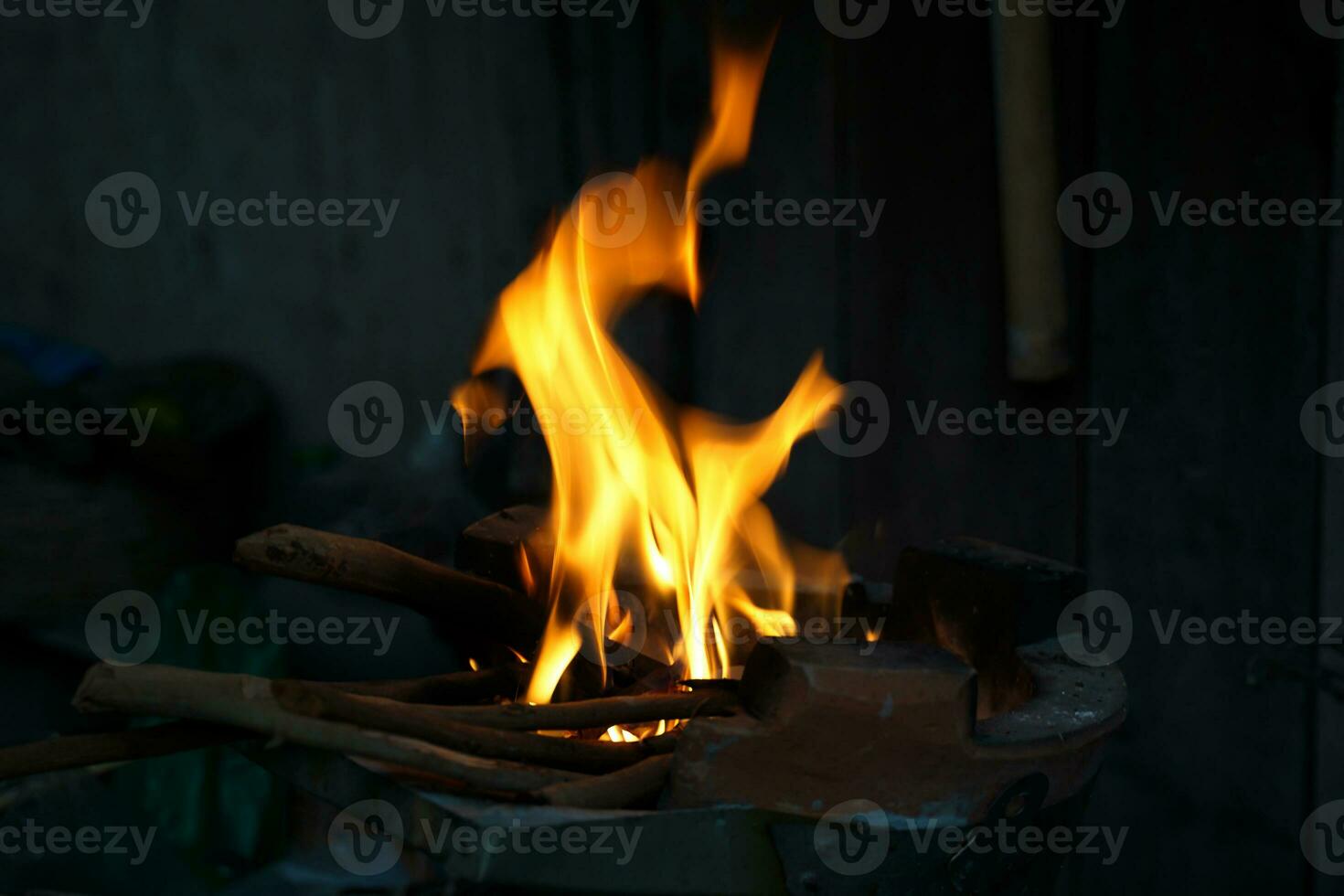 The fire in the blazing brazier Thai kitchen style, ready to be used for cooking according to the way of the Thai villagers.soft and selective focus. photo