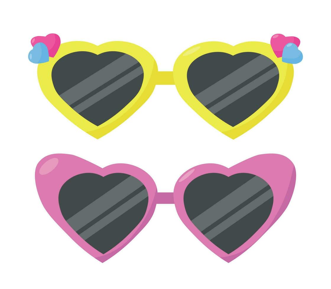 Bright colored sunglasses in the shape of a heart. Glasses for children vector