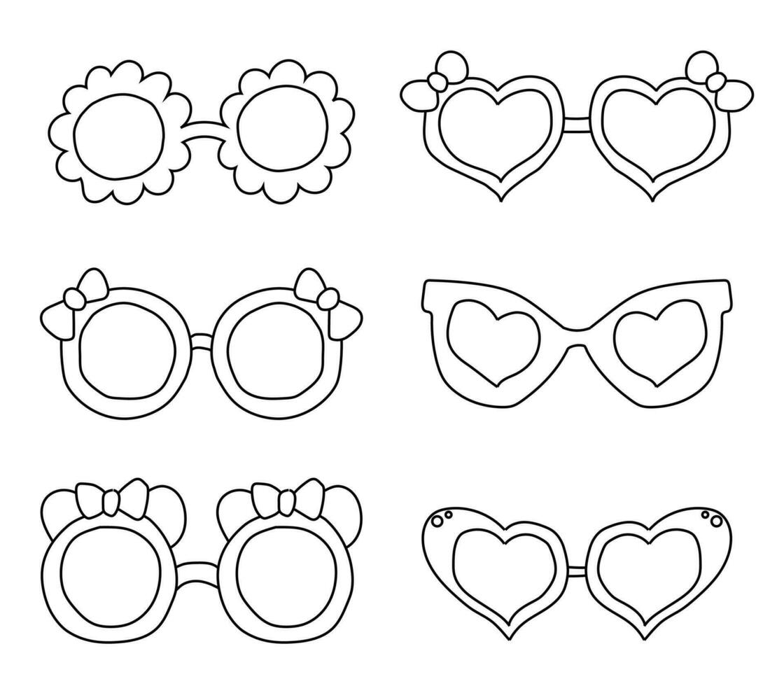 A stylish set of sunglasses. Collection of hand drawn stylish sunglasses for kids isolated on white background. vector