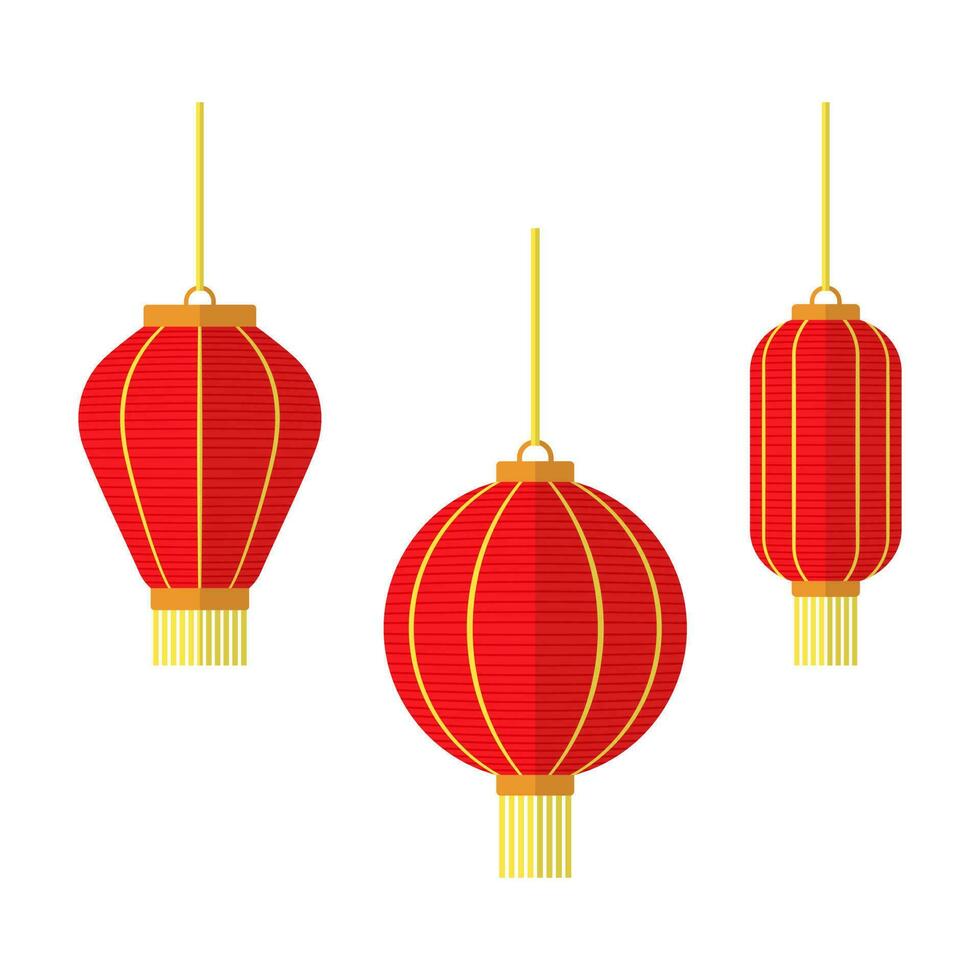 Set of Chinese New Year lanterns, Traditional red paper lanterns, Flat vector illustration