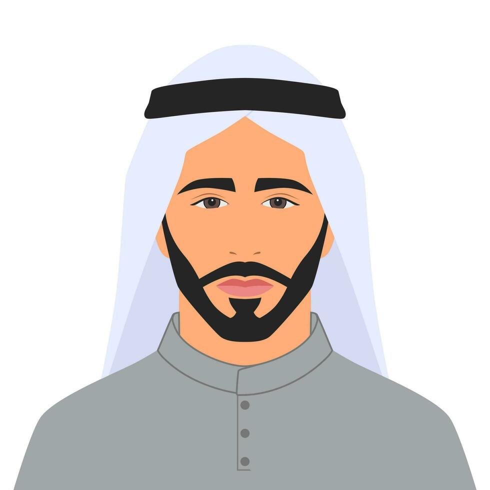Portrait of a Arab man with a beard, oriental businessman, flat illustration, cartoon style, isolated on white background vector