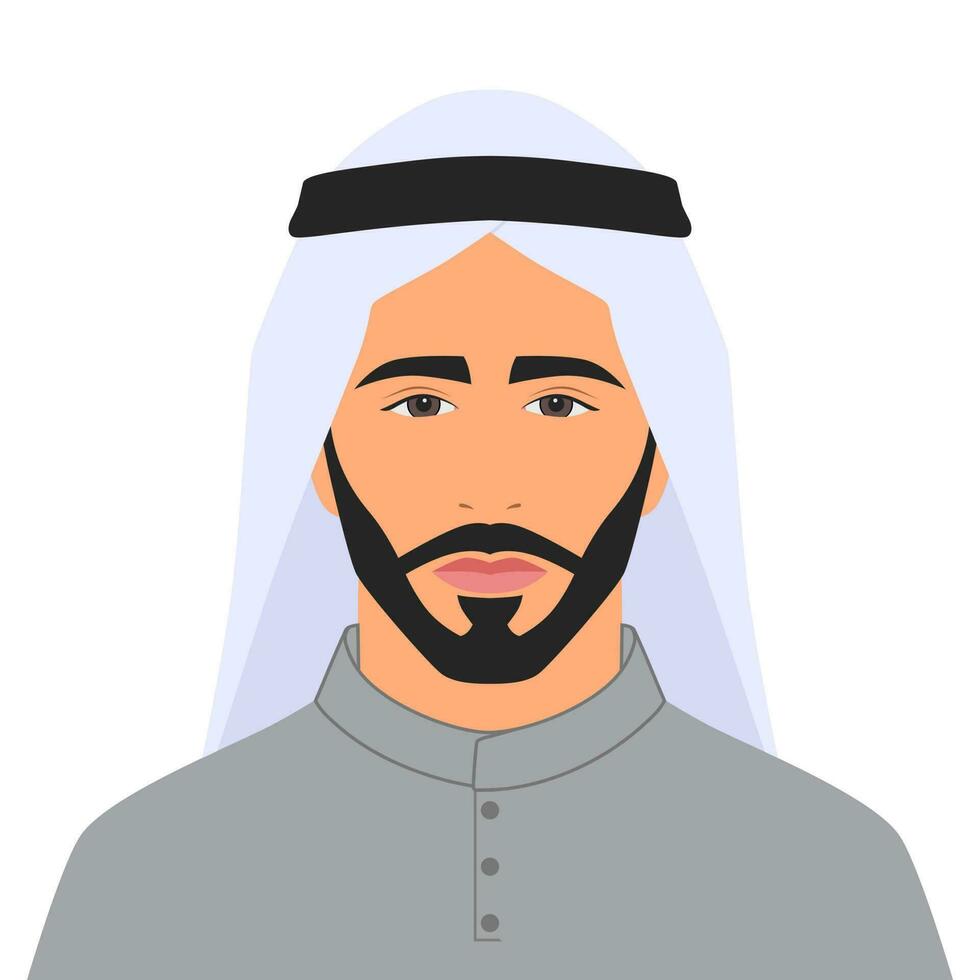 Portrait of a Arab man with a beard, oriental businessman, flat illustration, cartoon style, isolated on white background vector