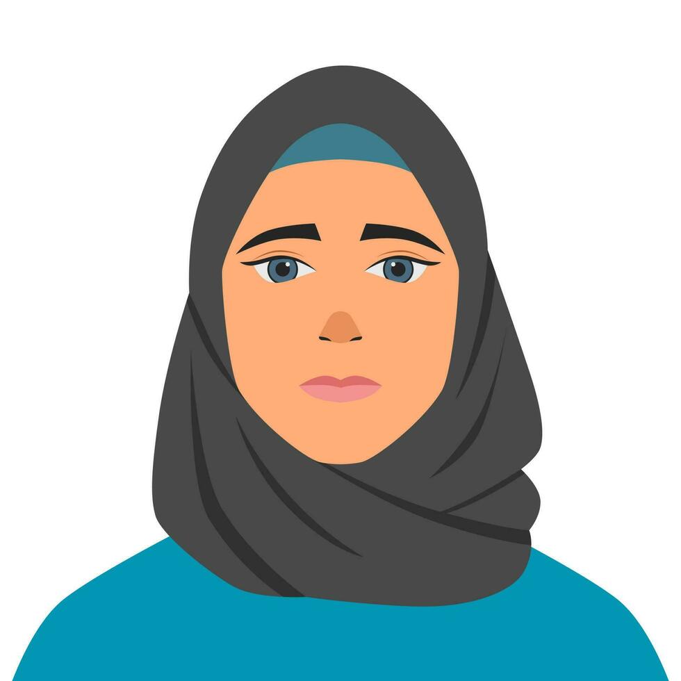 Muslim woman in hijab. Portrait of a young arab girl in simple dress. Vector avatar in cartoon style. Flat illustration