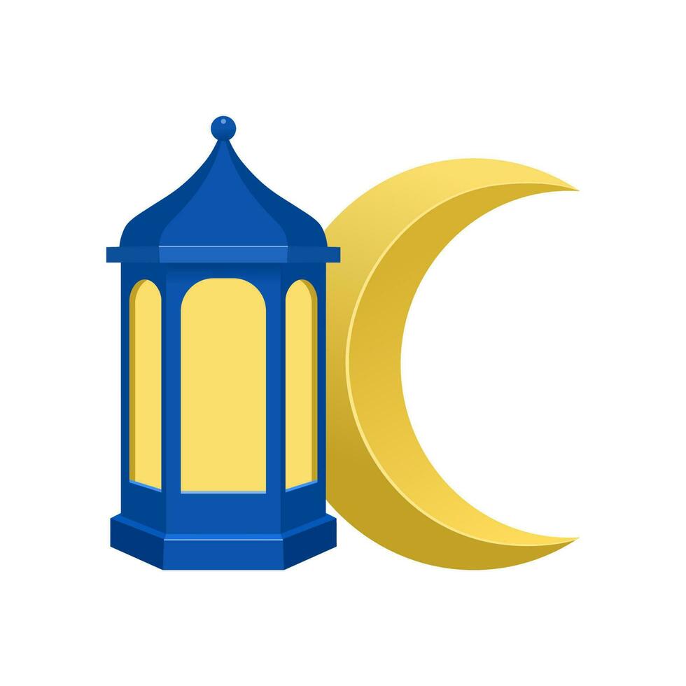 Realistic Islamic ramadan lantern, gold moon and blue lantern, eid mubarak, vector illustration