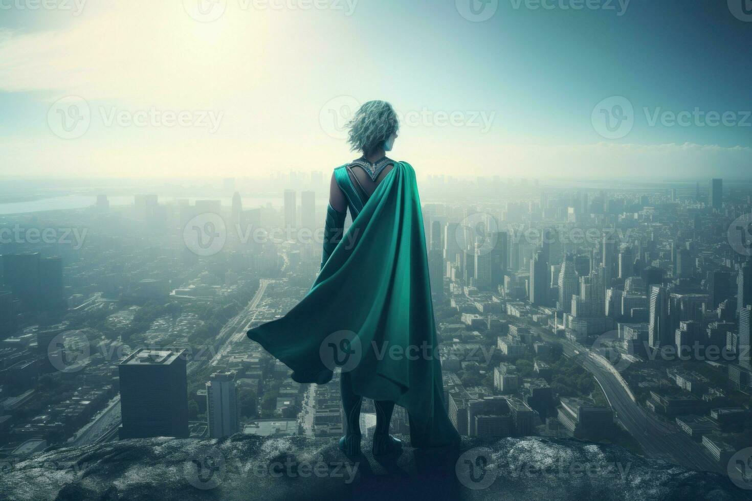 Super hero woman city sunrise. Generate Ai photo