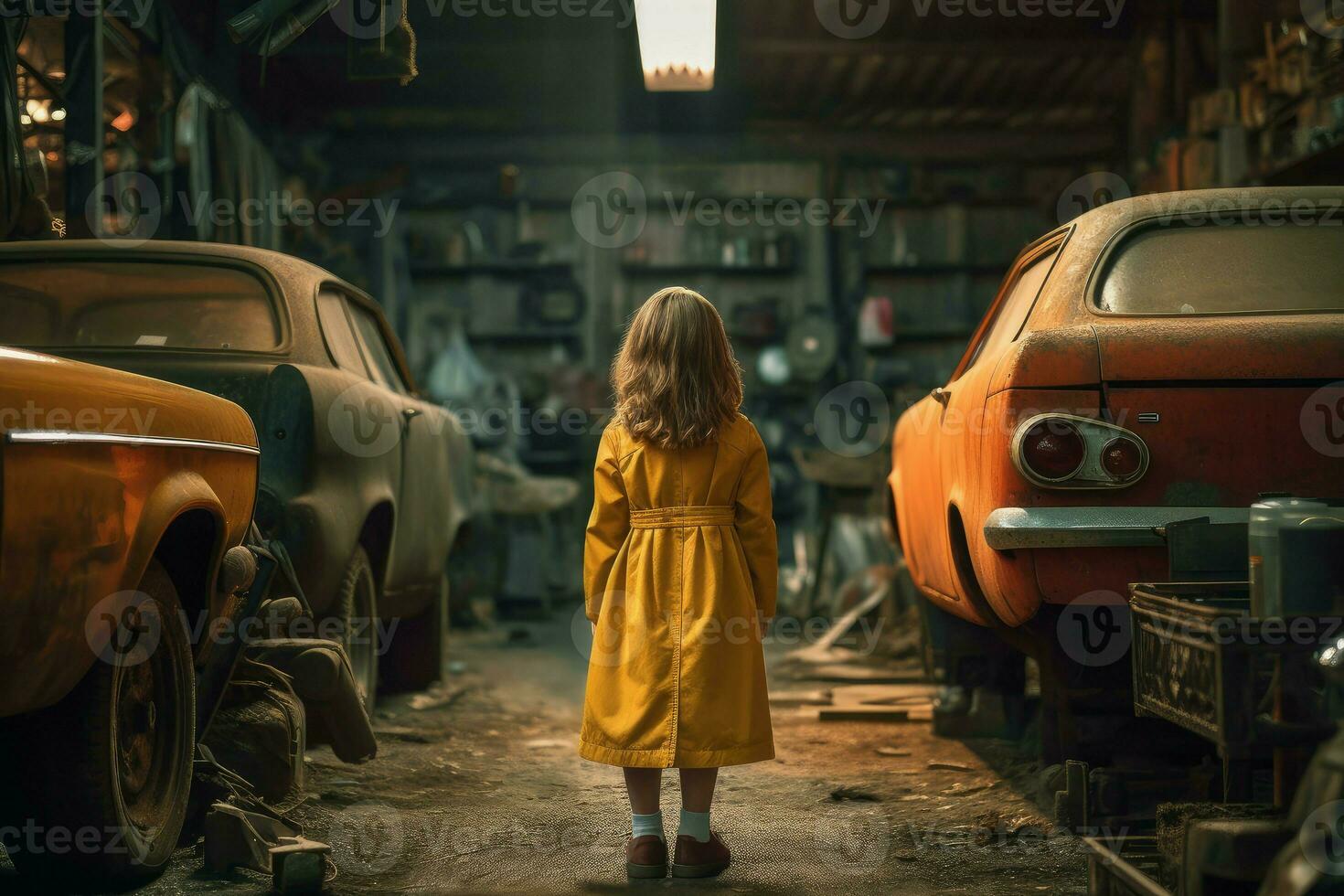 Car mechanic child girl garage. Generate Ai photo