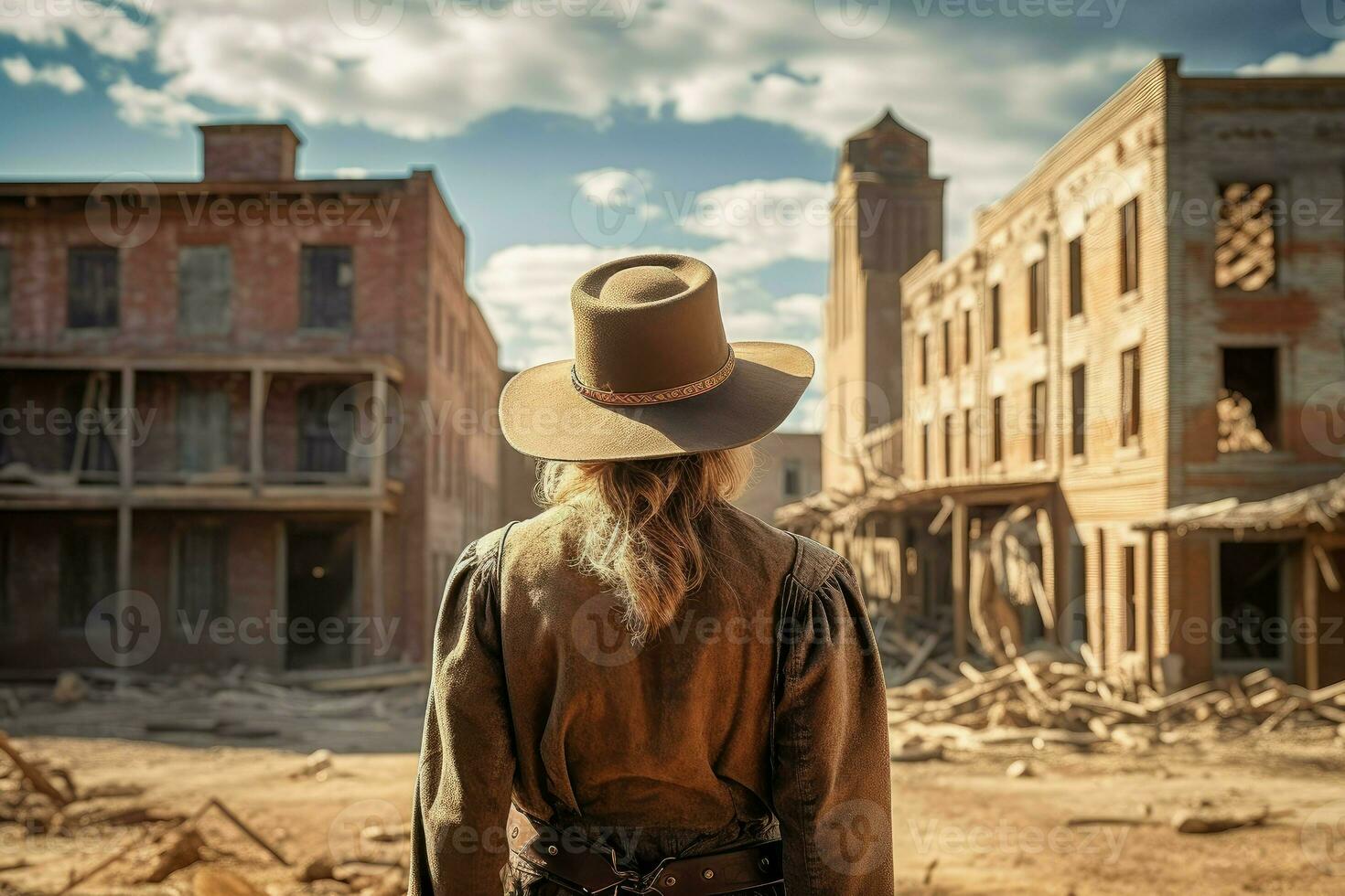 Cowboy woman town wild west. Generate Ai photo