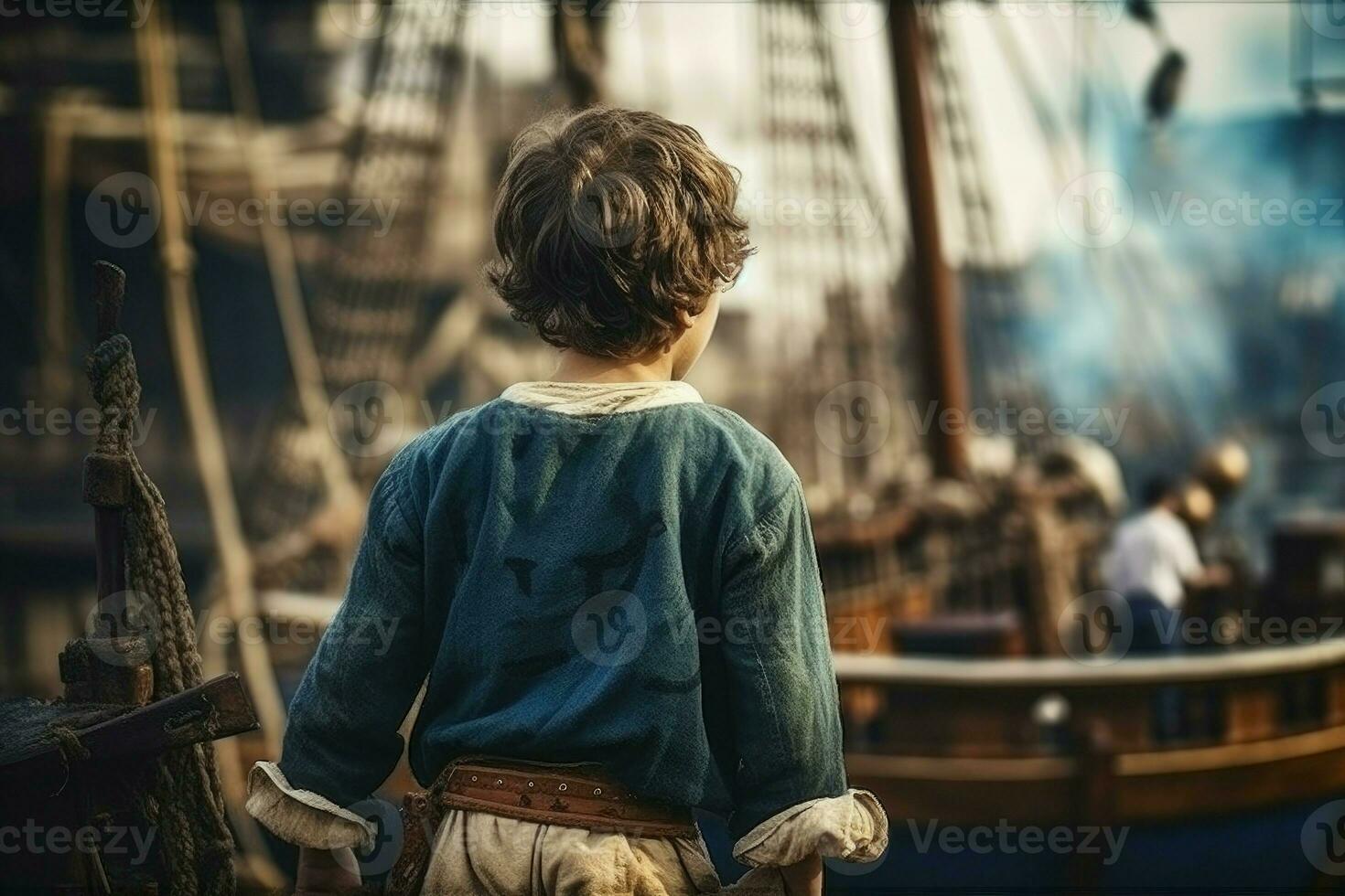 Pirate child boy aboard pirate ship. Generate Ai photo