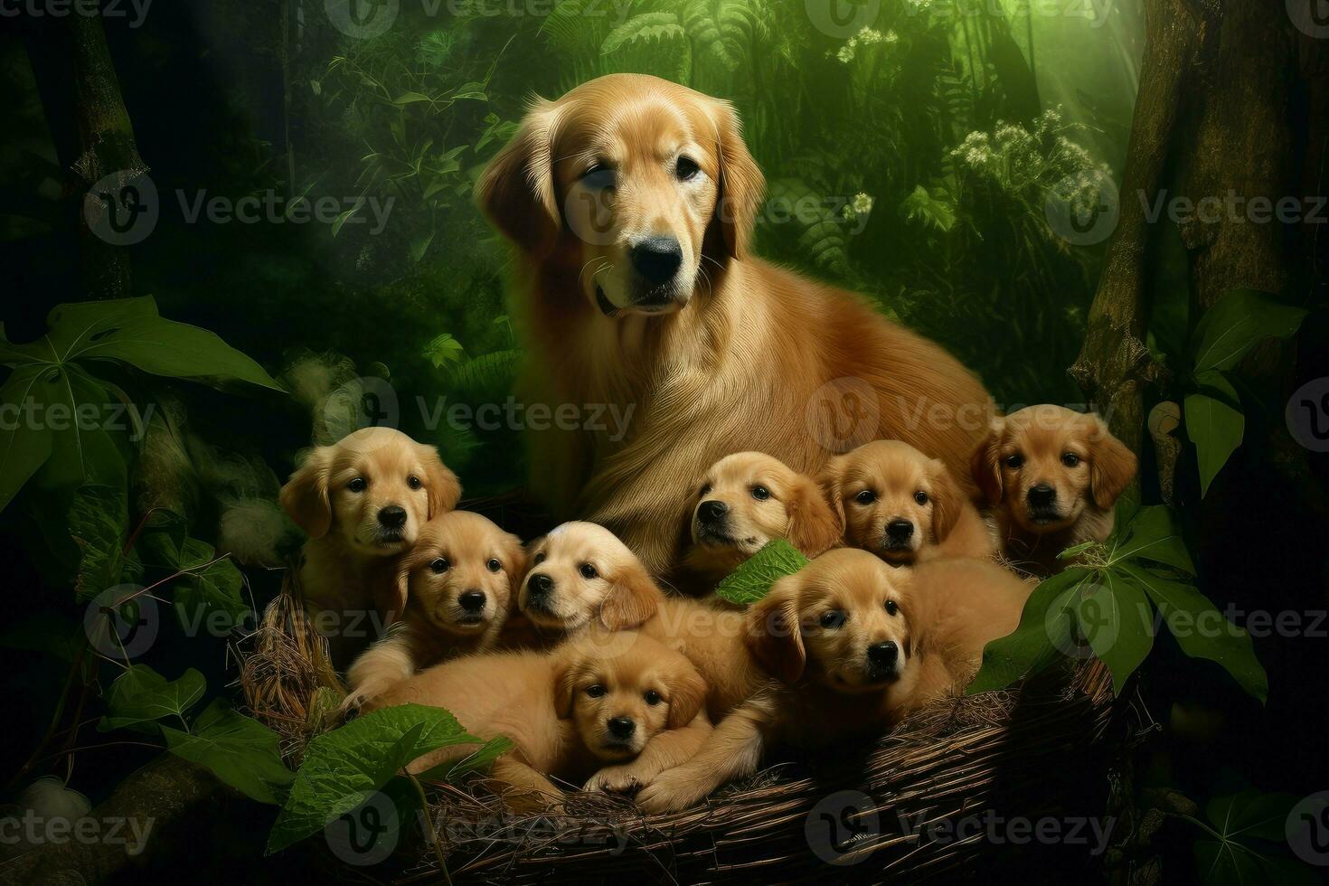 perro madre con cachorros en tropical cesta. generar ai foto