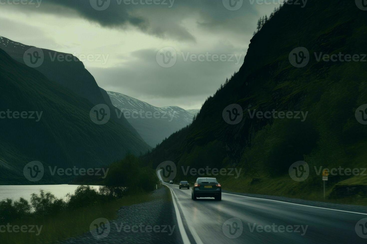 Carpooling norwegian landscape sunset. Generate Ai photo