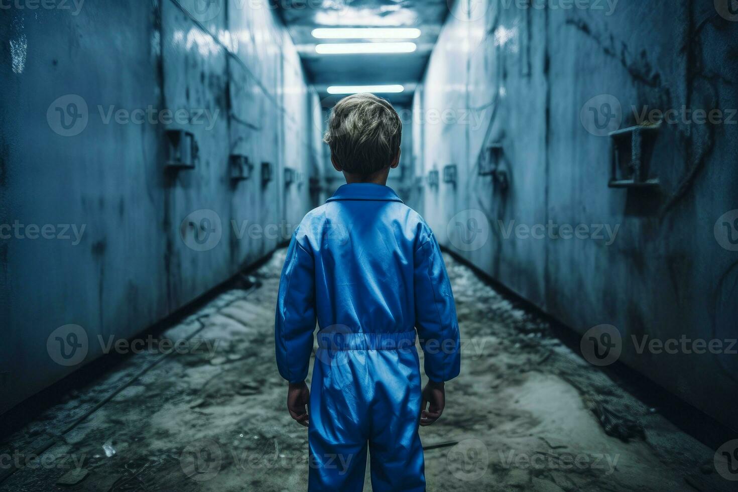 Modern child boy underground bunker. Generate Ai photo