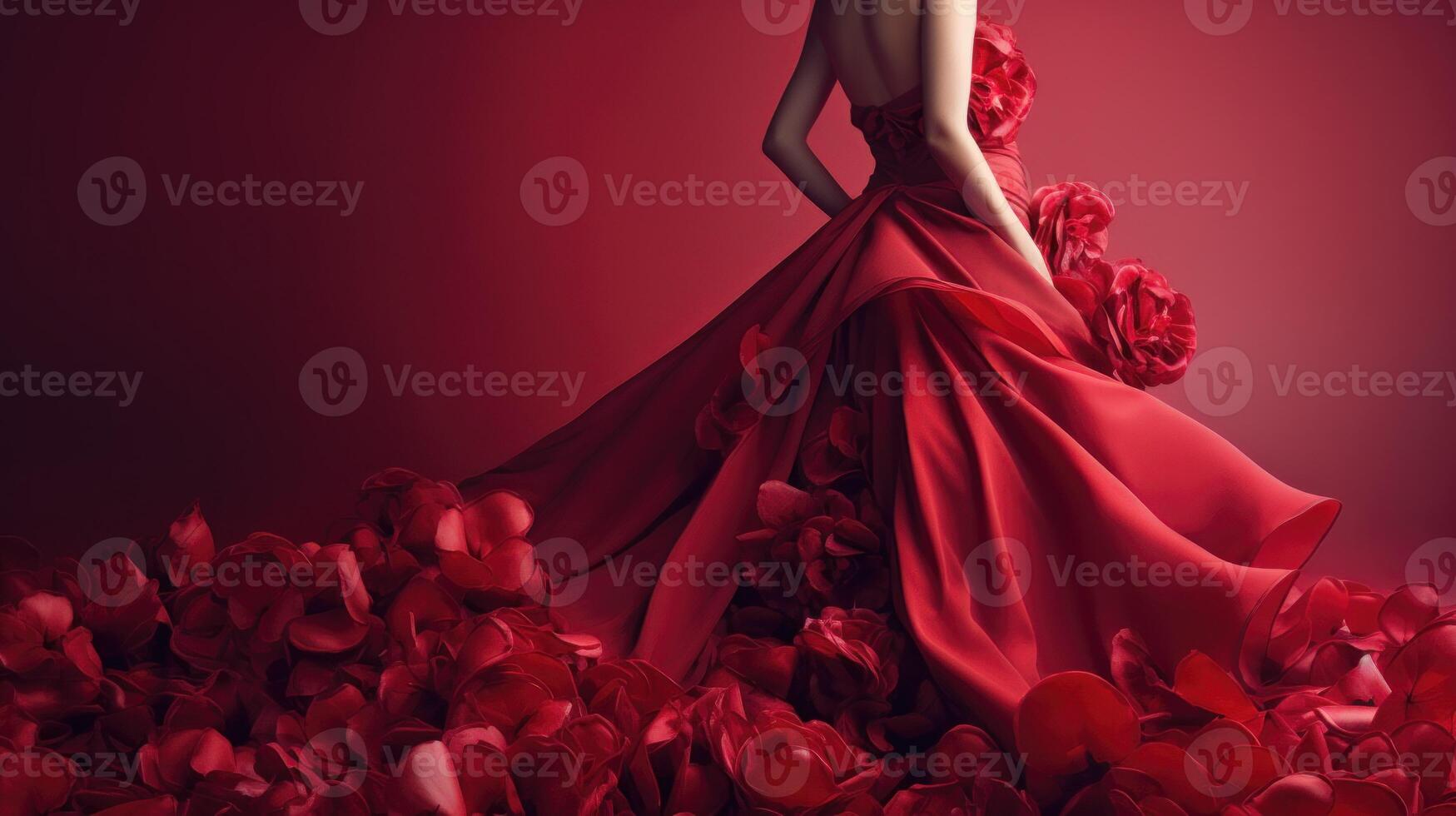 Woman in a red floral dress against a deep crimson background. . photo