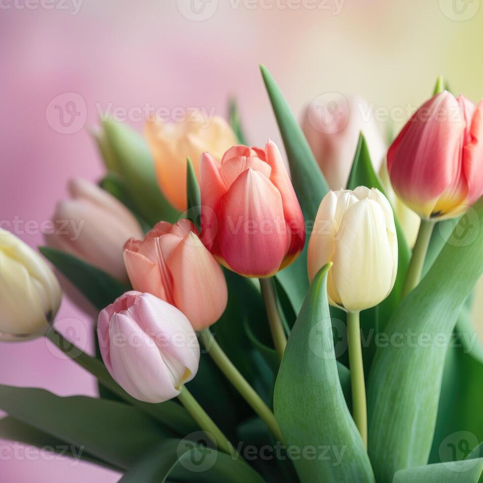 Colorful tulips on a pink and yellow gradient background. . photo