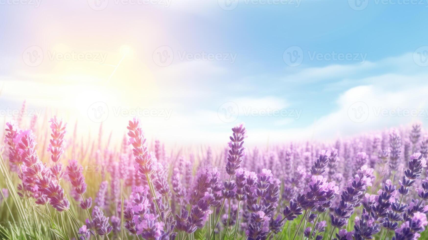 cerca arriba de lavanda campo con lente llamarada debajo azul cielo y Copiar espacio. ai generado. foto