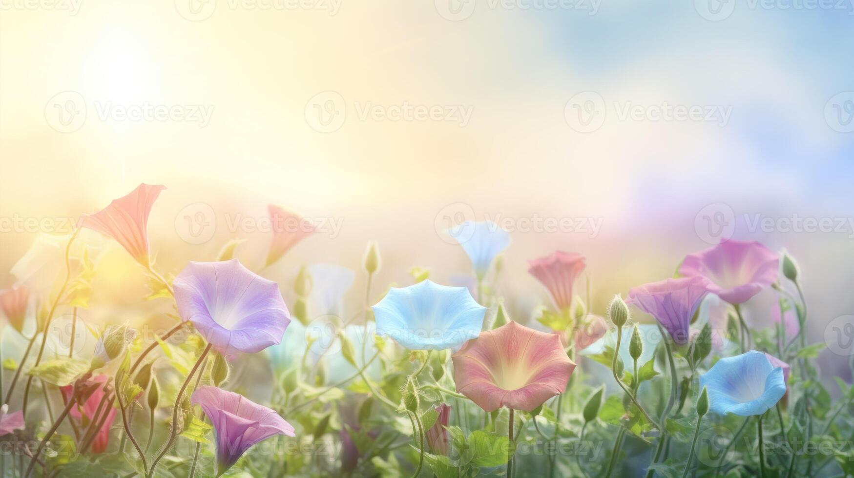 Colorful morning glories below on a hazy yellow to blue gradient with copyspace. . photo