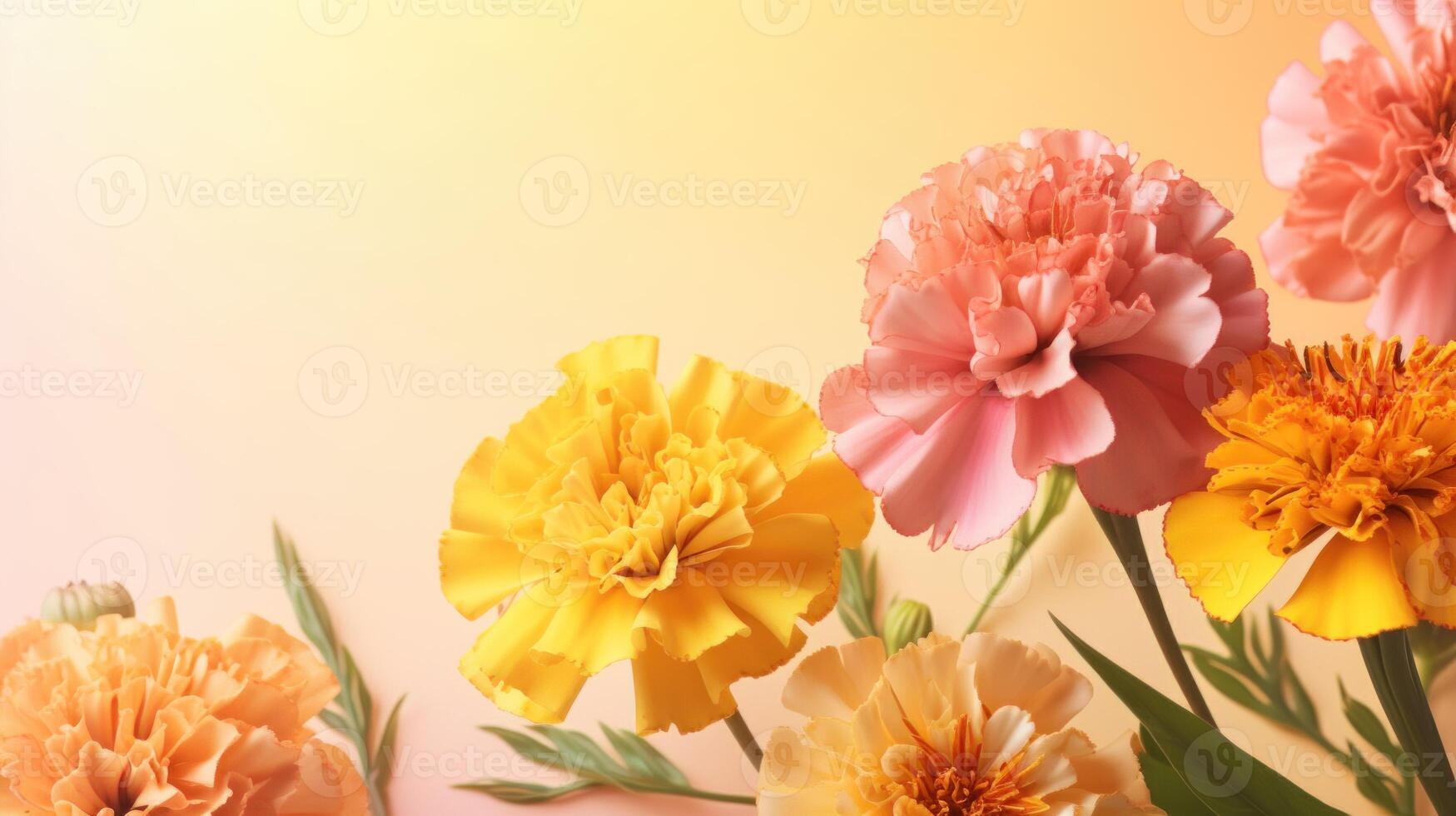 Yellow and pink marigolds on a yellow gradient background with copy space. . photo