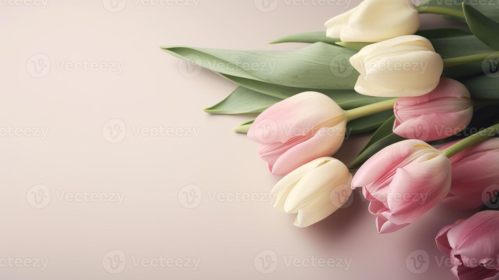 Pink and white tulips arranged diagonally on a shell pink background with copy space. . photo