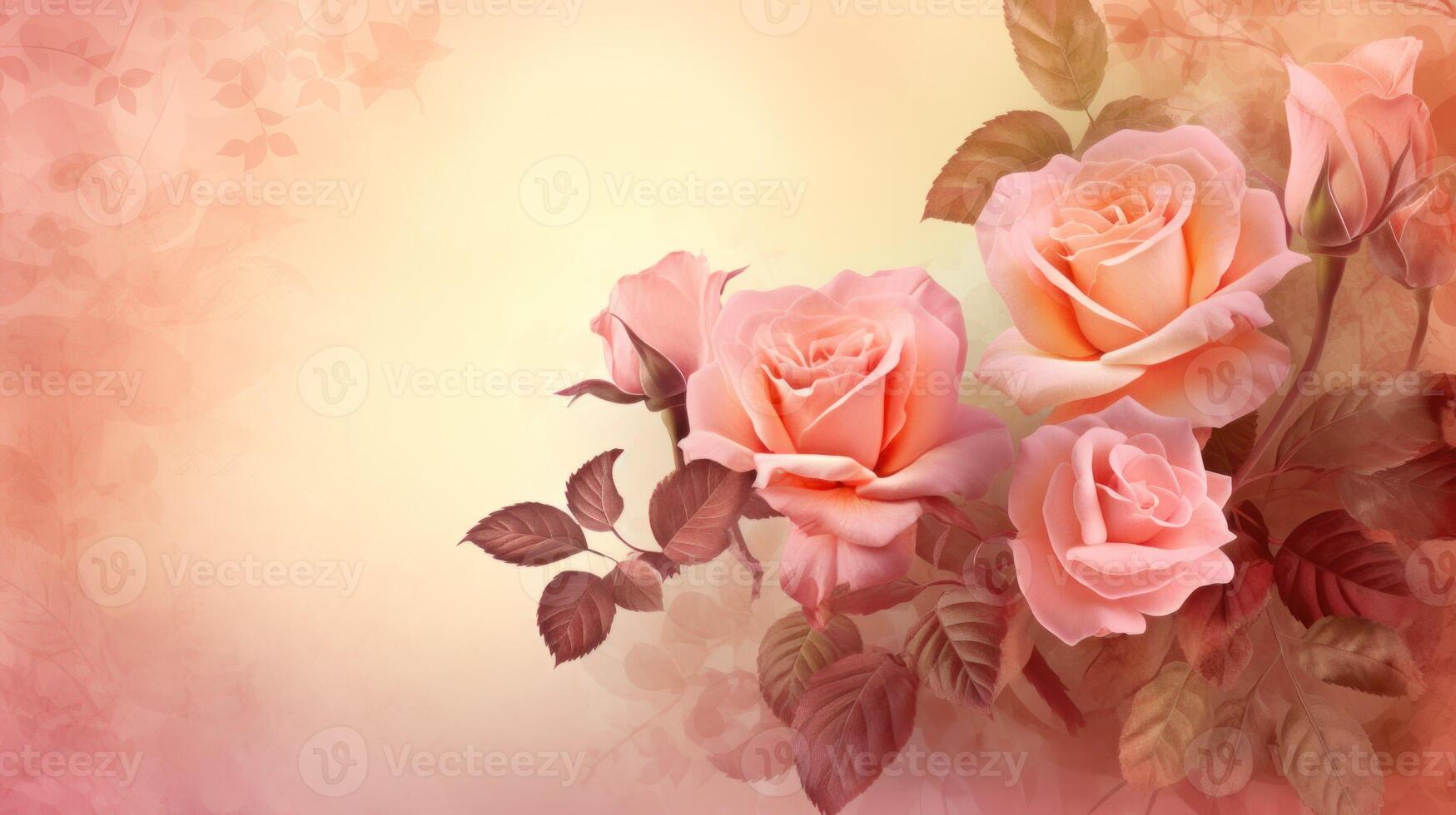 Romantic roses in copy space with soft vignette and yellow center. . photo