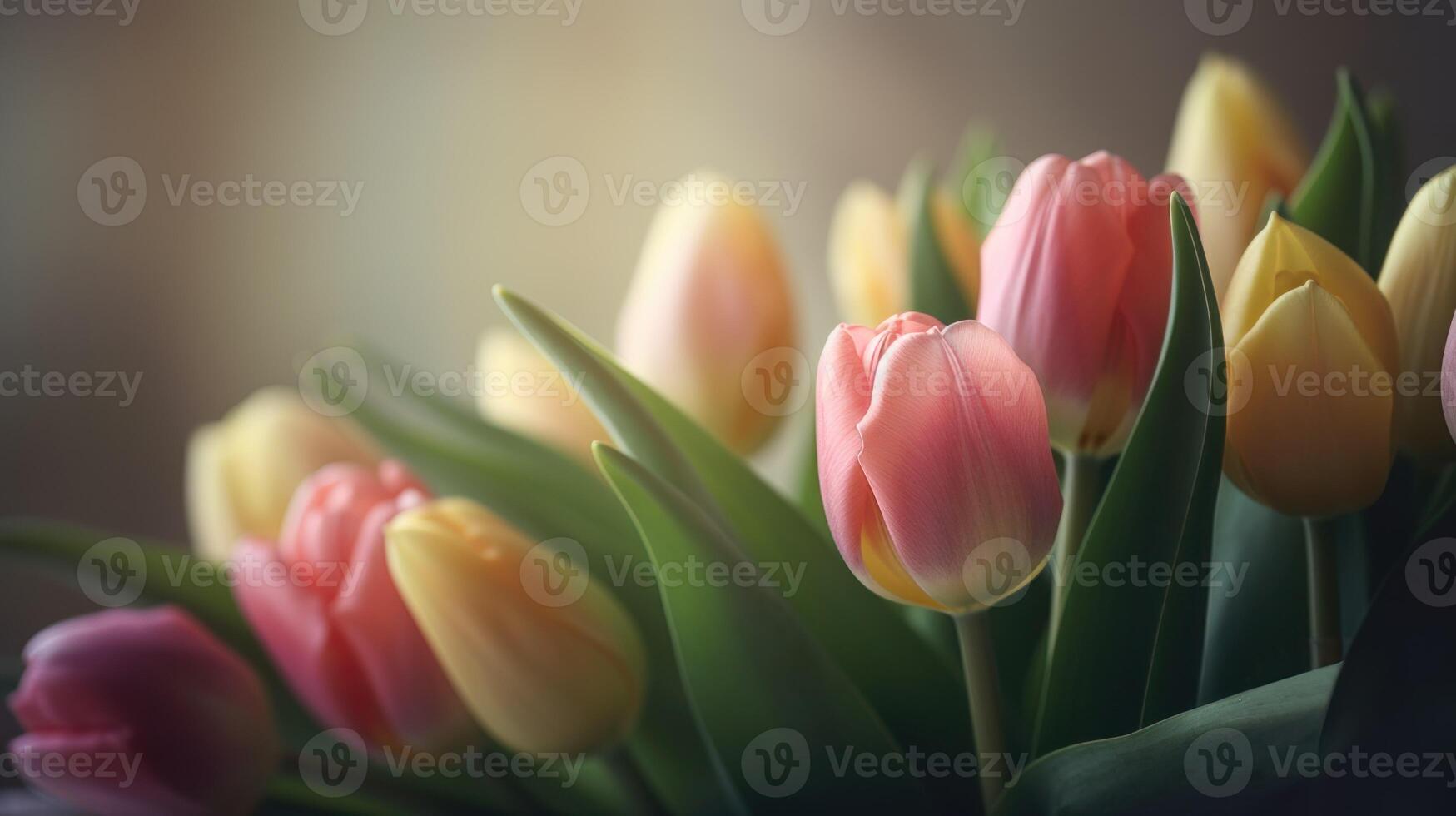 Soft focus sand colored background with pink and yellow tulips arranged diagonally. . photo
