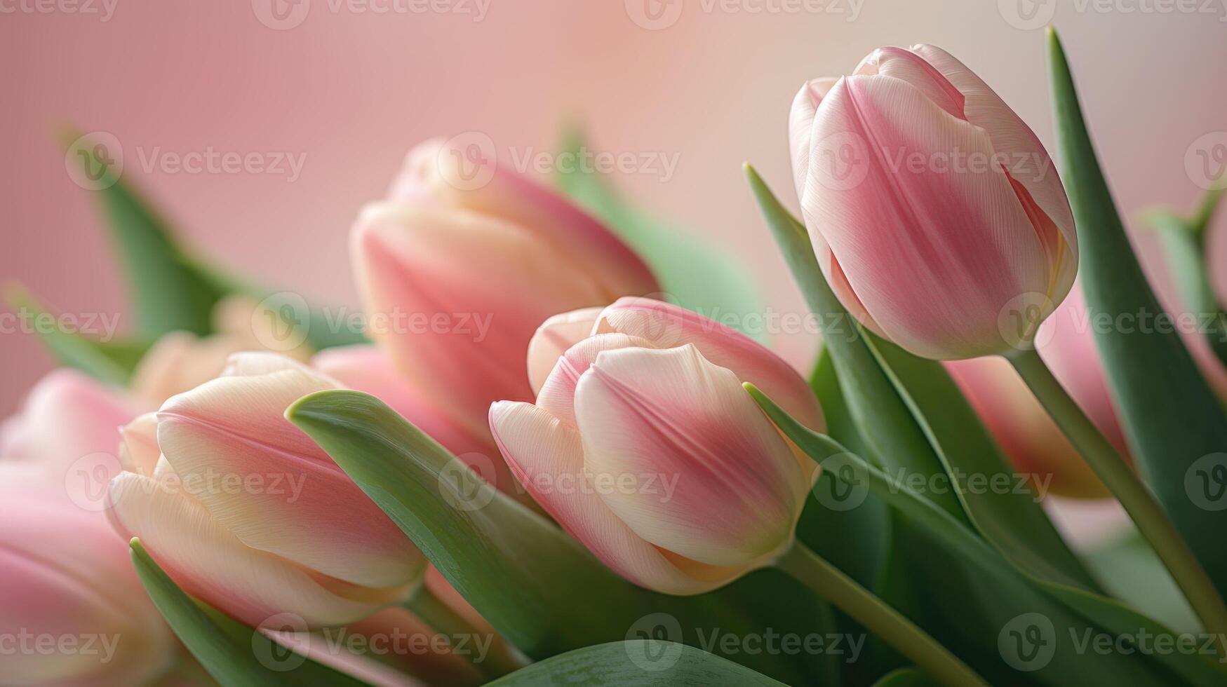 Focused pink tulips in a diagonal arrangement on a pink and white gradient background. . photo
