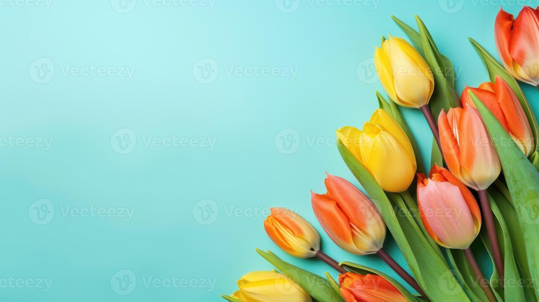 Diagonal row of yellow and orange tulips on a light blue background with copy space. . photo