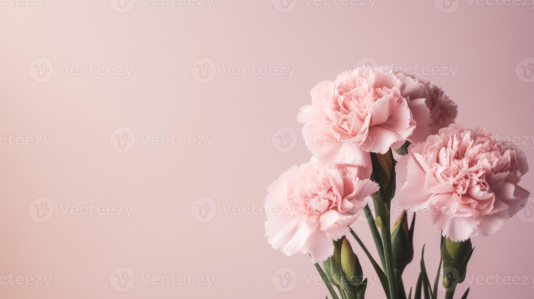 Pale pink carnations on a pastel pink background with copy space. . photo