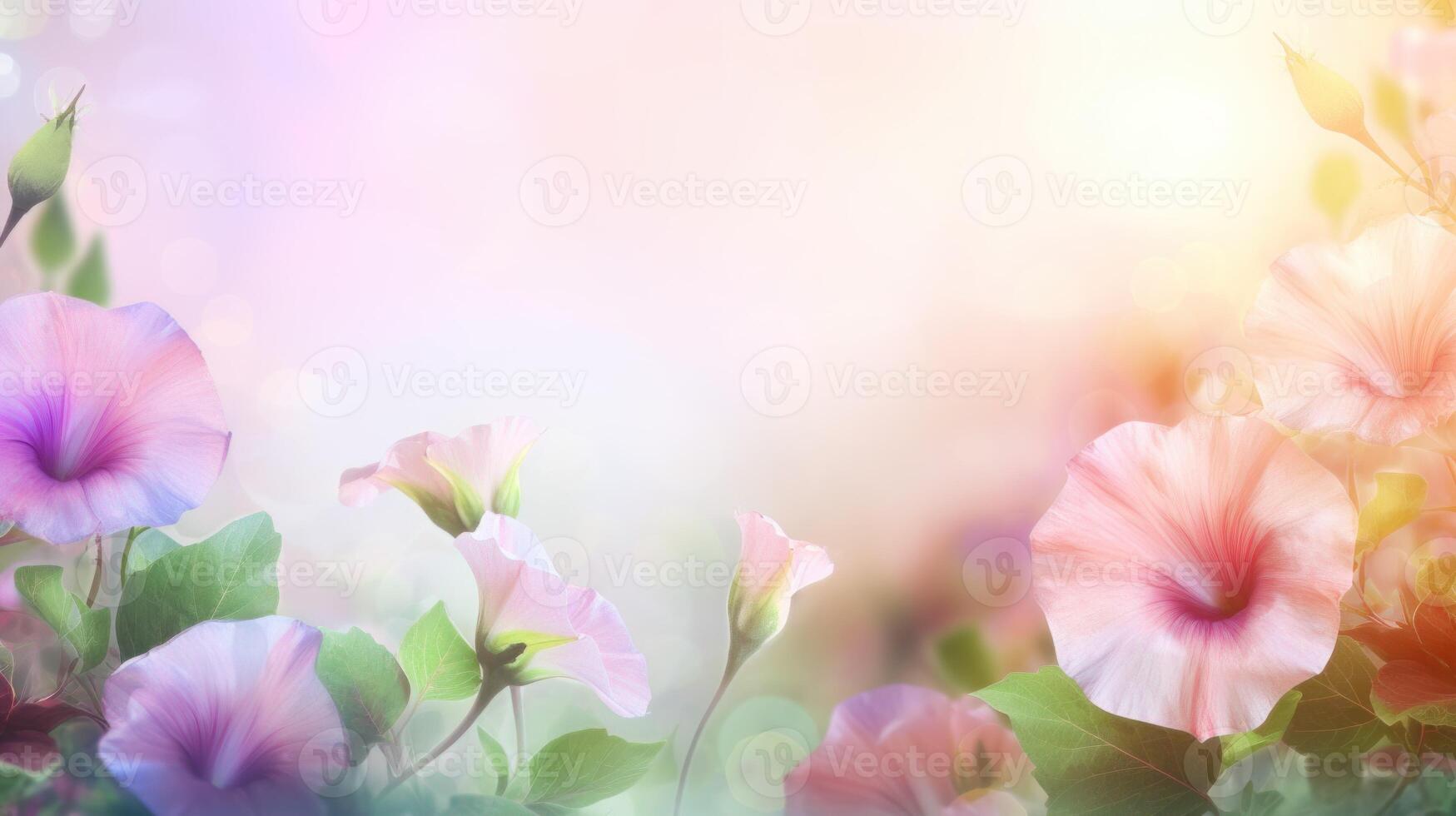 Morning glory frame on pastel purple to yellow gradient background with copy space. . photo